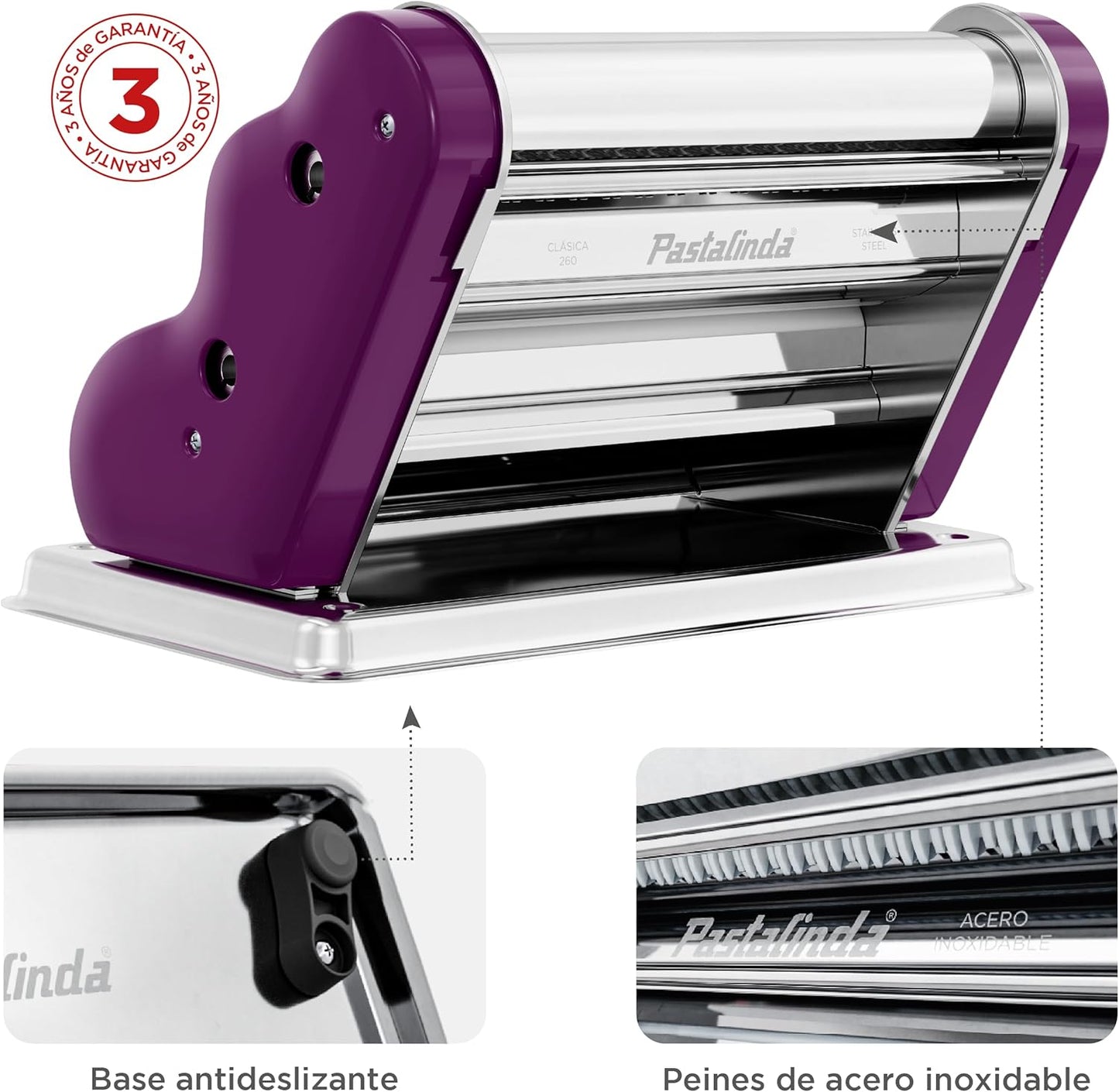 PASTALINDA Classic 260 Pasta Maker Machine, 26 cm Wide Rollers, 9 Thickness Positions, 2 Cutting Positions, Stainless Steel. Includes Reinforced Hand Crank And Two Clamps (Violet)