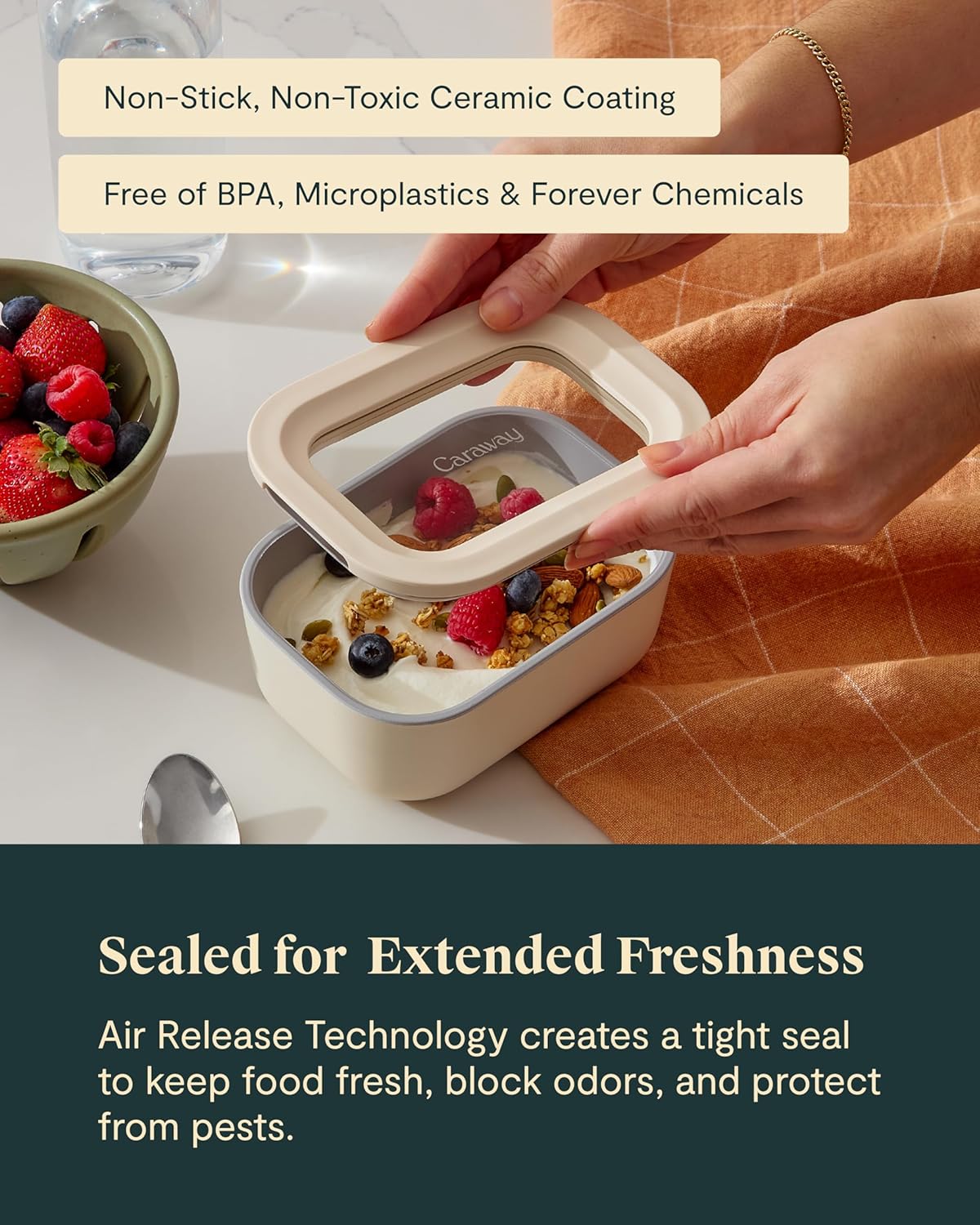 Caraway Mini Rectangle Food Storage Container - 2.6 Cup Glass Storage Container for Food - Non-Toxic Ceramic-Coated Glass - Air Release Technology - Compact & Stackable Design - Sage