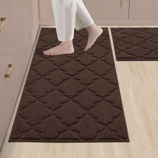 COSY HOMEER Soft Kitchen Rugs [2 PCS] for in Front of Sink Super Absorbent Kitchen Floor Mats and Mats 20x30 Inch/20X48 Non-Skid Kitchen Mat Standing Mat Washable,Polyester,Brown