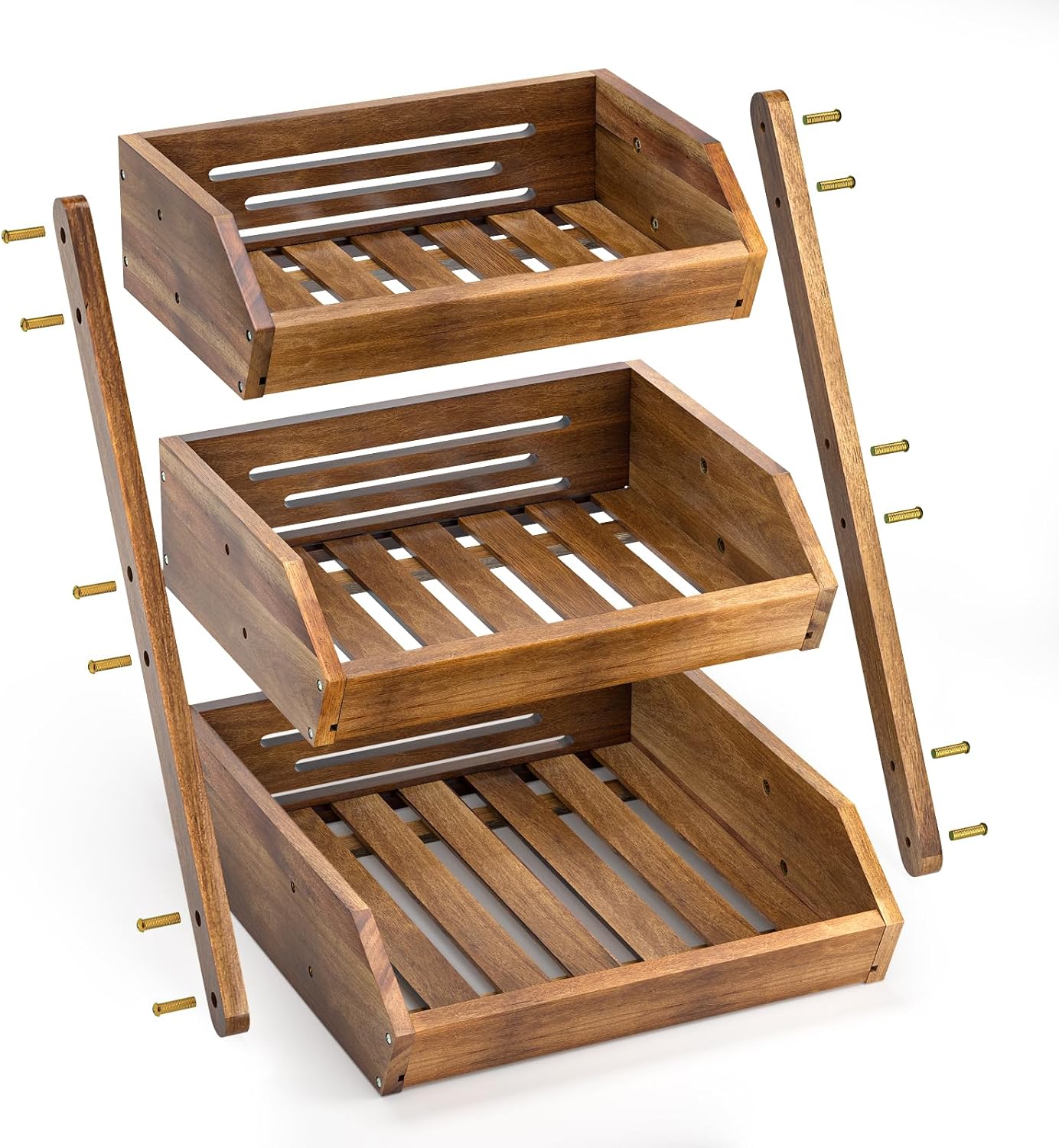 G.a HOMEFAVOR Fruit Basket: 3-Tier Acacia Wood Fruit Bowl for Kitchen, Fruit Stand Storage Holder for Vegetables and Snack Home Kitchen Countertop Organizer (Self-assembly)