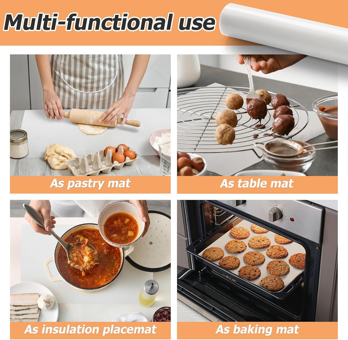 Silicone Baking Mat Roll, Non-Stick Heat Resistant Food Grade Baking Mats, Non-Slip Reusable Air Fryer Linner, Freeze Dryer Mat, Counter Mat, Oven Liner, Refrigerator Liners - 16IN x 10FT