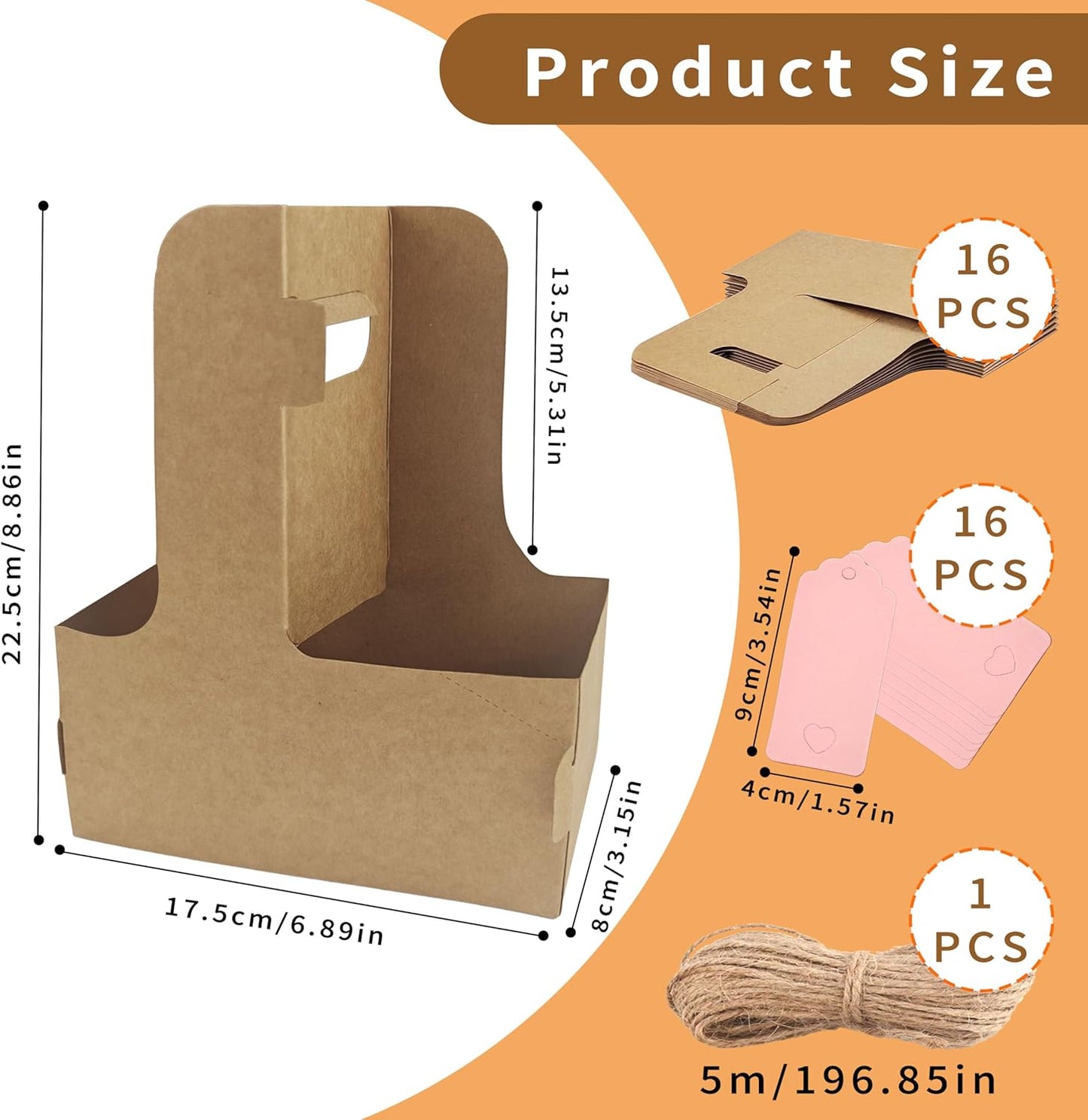 2 Cup Drink Carrier,16 Pack Coffee Cup Holders with Handle,Cardboard Cup Holders for Hot or Cold Drinks,Coffee Carrier with Ribbon and Card,Food Delivery Services and Bouquet(Kraft)