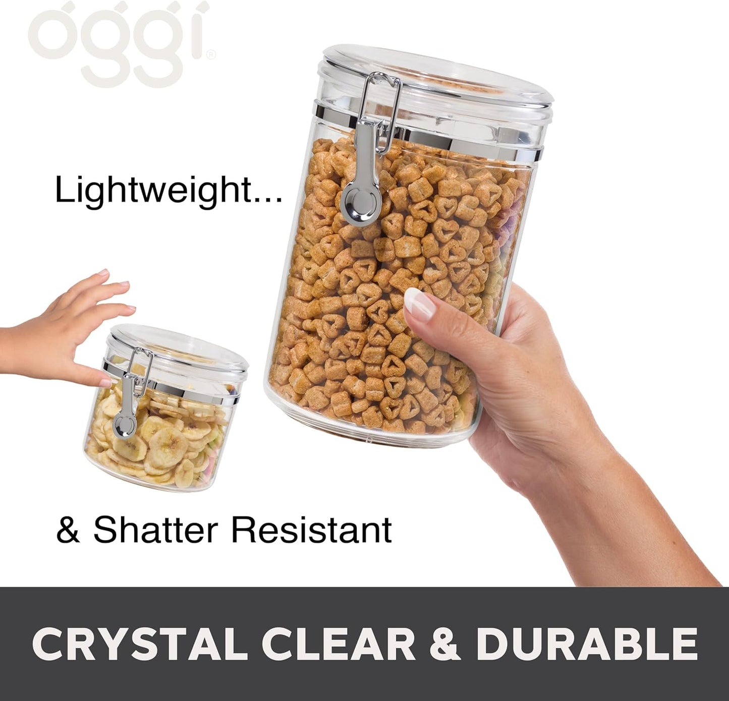 Oggi 4pc Clear Canister Set with Clamp Lids Airtight Containers in Sizes Ideal for Kitchen & Pantry Storage of Bulk, Dry Foods Including Flour, Sugar, Coffee, Rice, Tea, Spices & Herbs