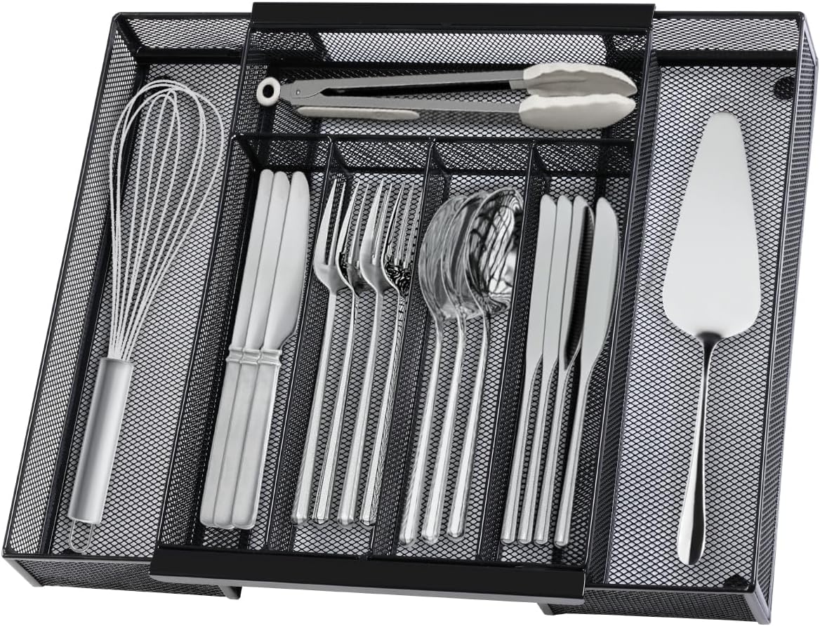 Silverware Organizer Metal Mesh, Drawer Organizer, Utensil Cutlery Tray for kitchen drawers,Expandable Flatware Organizer with 7 Compartment Black 9.4"~17.3" x 13.7"