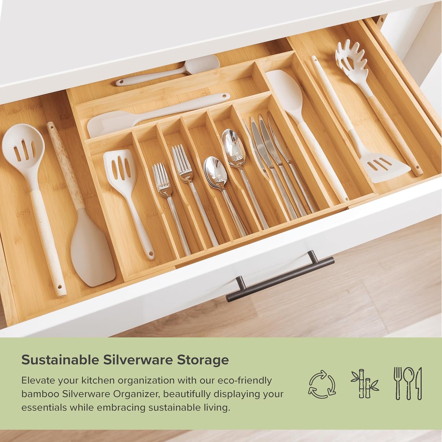 KitchenEdge Premium Silverware, Flatware and Utensil Organizer for Kitchen Drawers, Food-Safe Contract Grade, Expandable from 18 to 33 In, Natural Bamboo