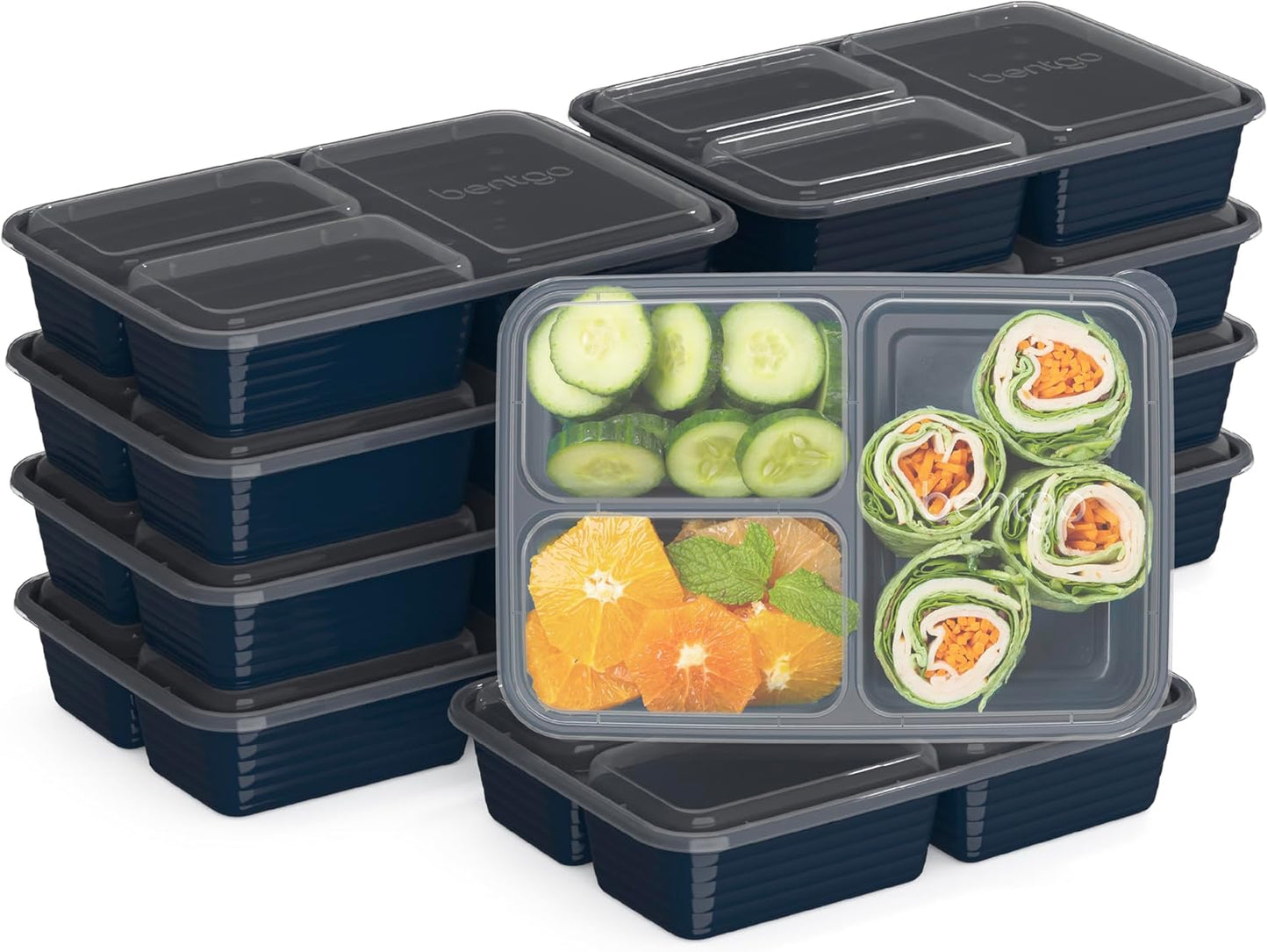 Bentgo Prep - 20-Piece 3-Compartment Reusable Meal Prep Containers with Lids, PFAS & BPA Free Materials, Durable, Microwave, Freezer, & Dishwasher Safe To Go Food Storage (Navy Blue)