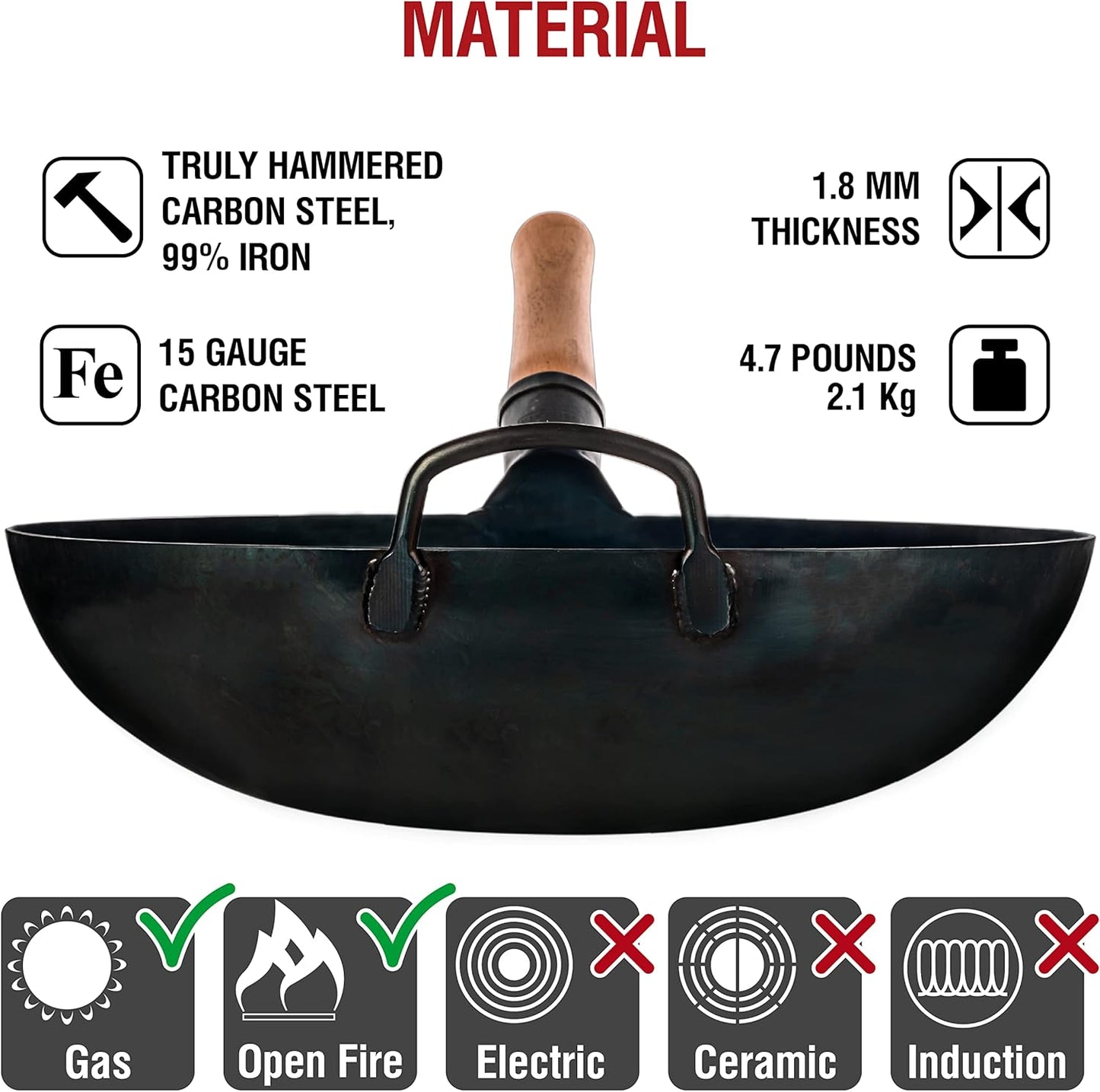 YOSUKATA 14” Round Bottom Carbon Steel Wok Pan – Blue Pre-Seasoned Pow Wok for Stir Fry, BBQ, Grill & Camping – Traditional Japanese & Chinese Cookware – Compatible with Gas Stoves & Open Fire Only