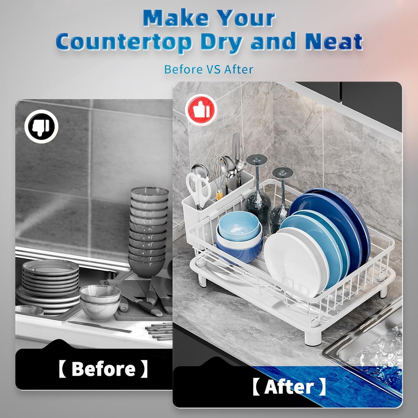 Dish Drying Rack, Space-Saving Dish Rack, Dish Racks for Kitchen Counter, Drying Rack Kitchen with Removable Utensil Holder, and Automatic Drainage Drainboard, 11''W x 15''L, White