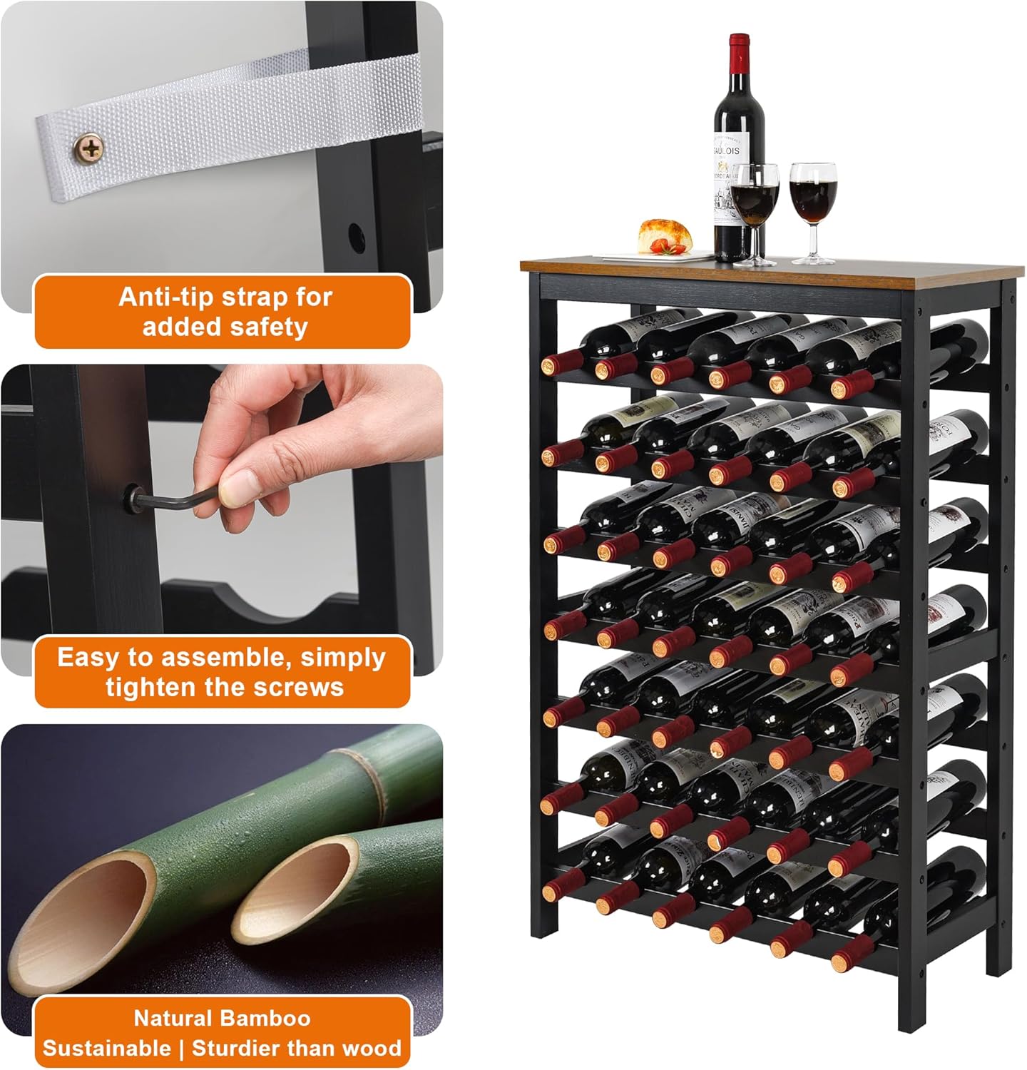 VASMIA 42 Bottles Bamboo Wine Rack,7-Tier Wine Rack Freestanding Floor with Table Top, Wine Storage Shelf for Kitchen Dining Room Bar,Rustic Brown and Black