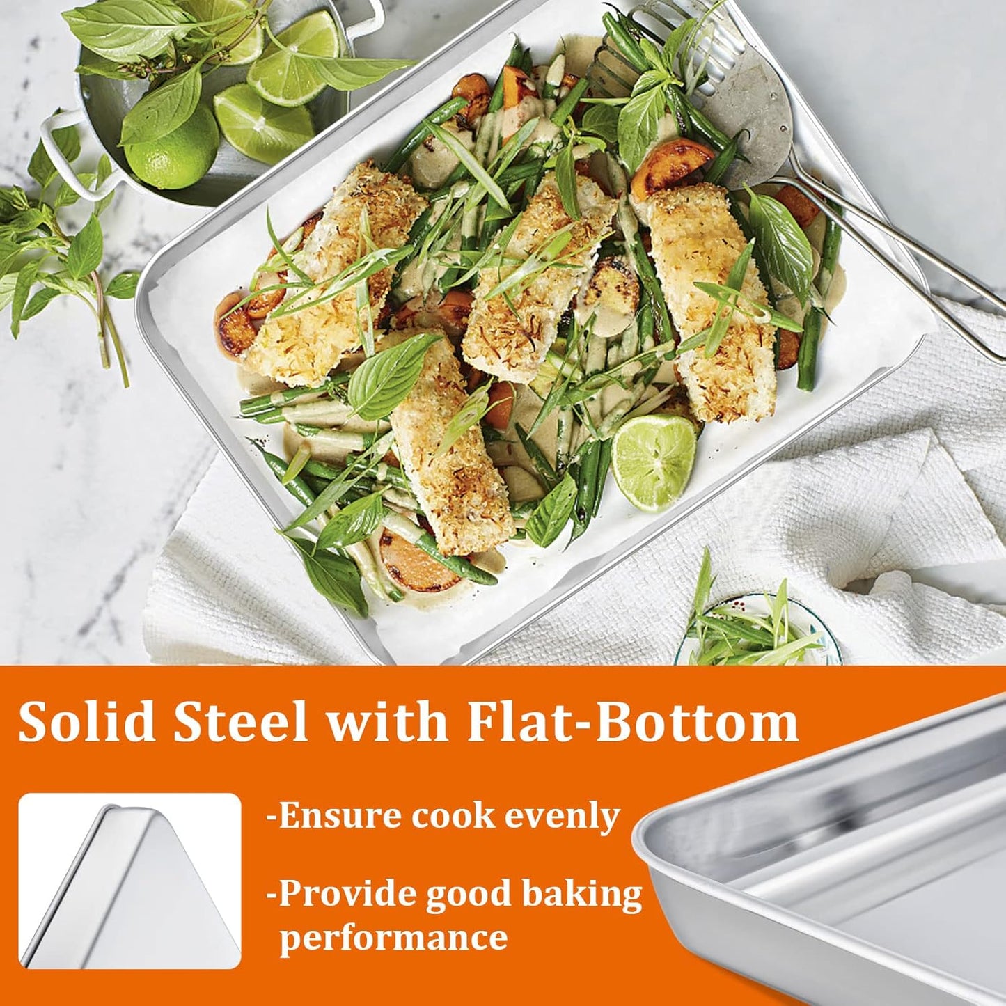 Small Baking Sheet Set of 2, E-far 9.4”x7.3” Toaster Oven Stainless Steel Cookies Sheet Pan with 50 Parchment Paper, Rectangle Mini Baking Tray for Cooking, Rust Free & Heavy Duty, Dishwasher Safe