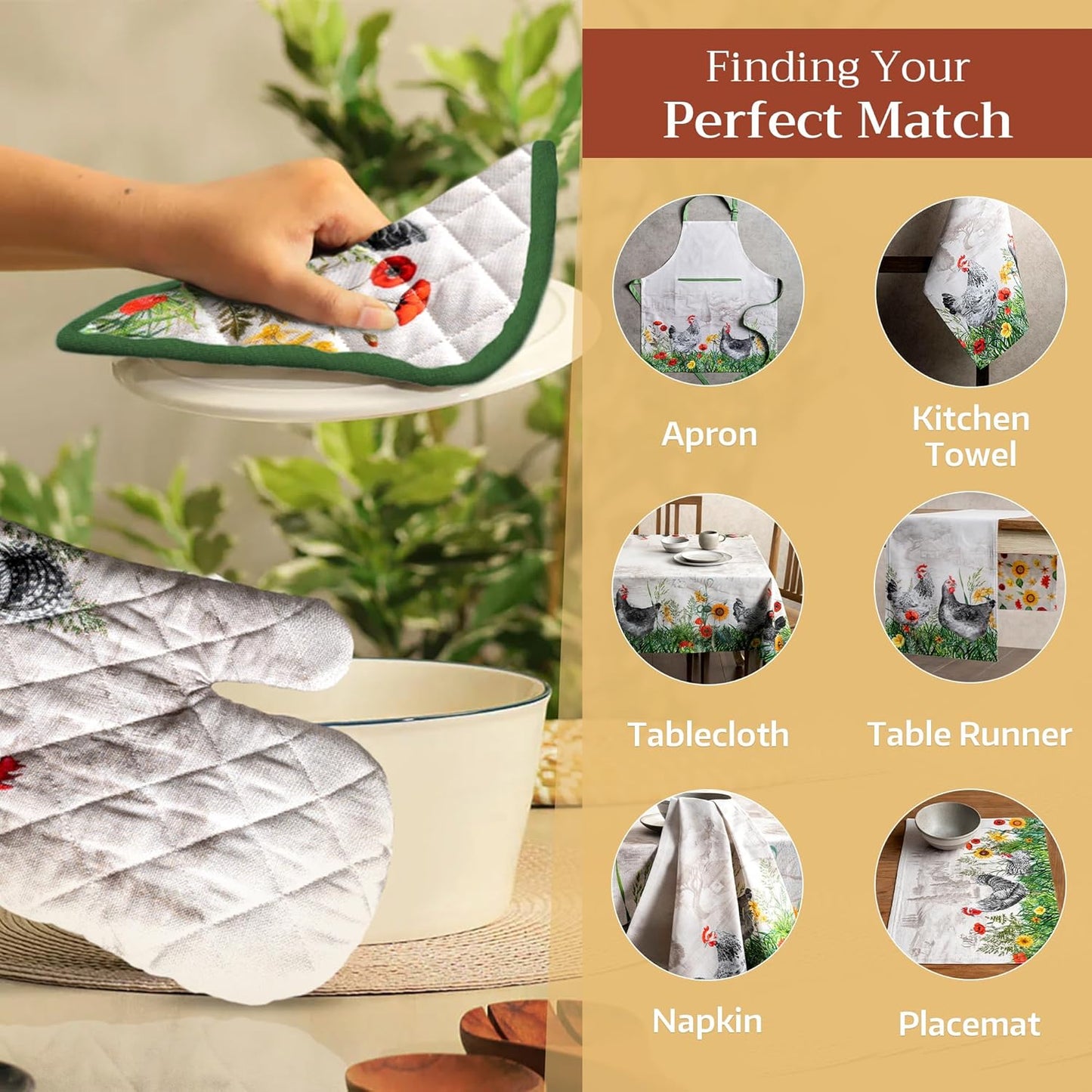 Maison d' Hermine 100% Cotton Oven Mitt & Pot Holder Set (7.5"x13" & 8"x8") Heat Resistant BBQ Cooking Gloves with Loop, Baking, Grilling, Kitchen, Handling Hot Pans Spring/Summer (Basse Cour)