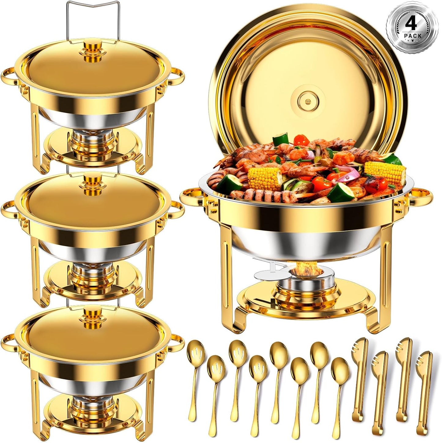 Round Chafing Dishes for Buffet 5 Qt,High Grade Chafing Dish Buffet Set, Full Size Pan,Rolled-Edge Design Food Warmers for Parties,Buffet,Wedding,Birthday,Camping 4 PACK (Gold)