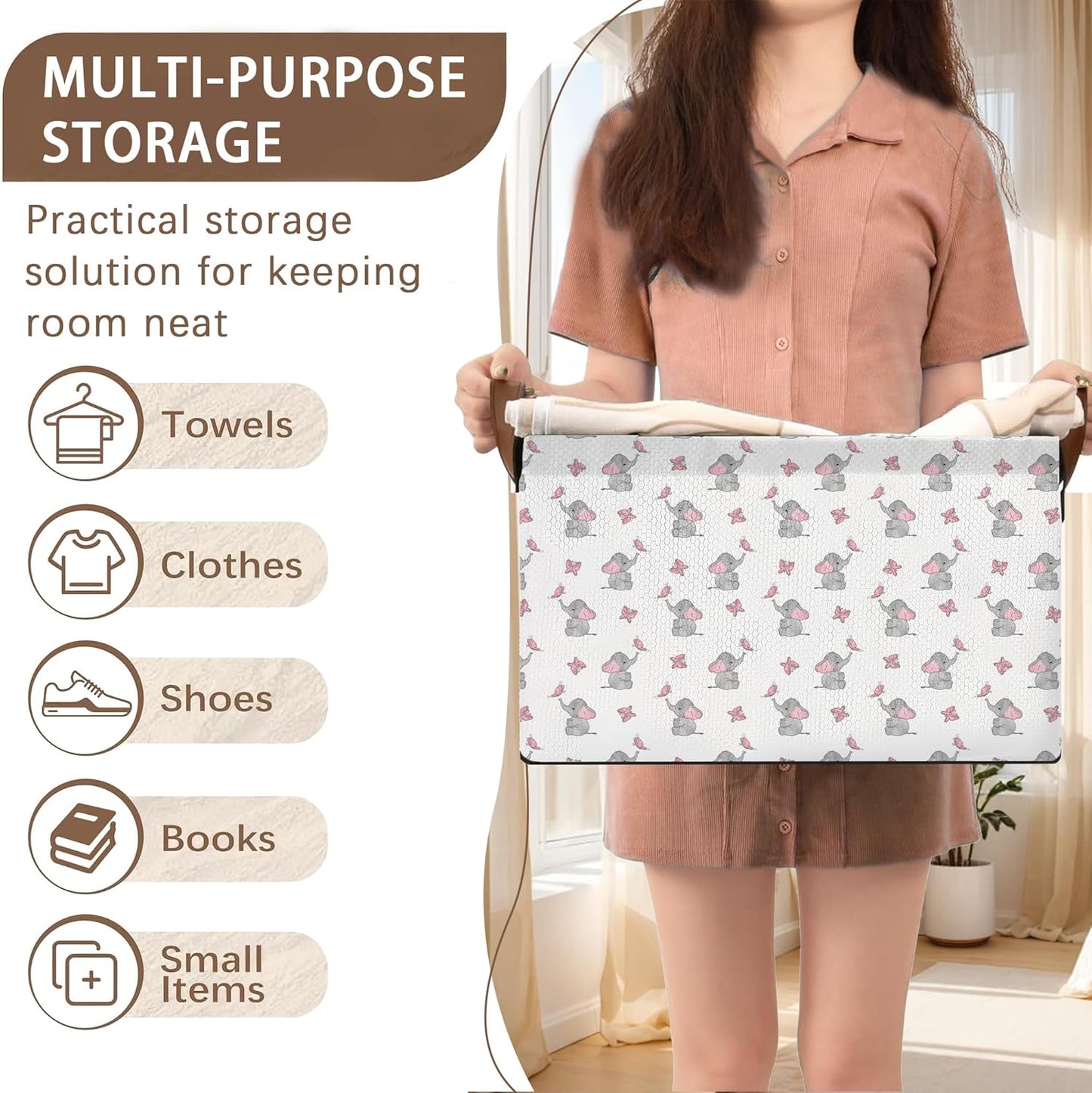 Foldable Collapsible Storage Bin with Elephant & Butterfly Pattern-17x11.5x10.5 Inch Organizer Basket for Nursery, Kids Room, Closet, Toy Storage-Single Pack, Space-Saving Home Decor