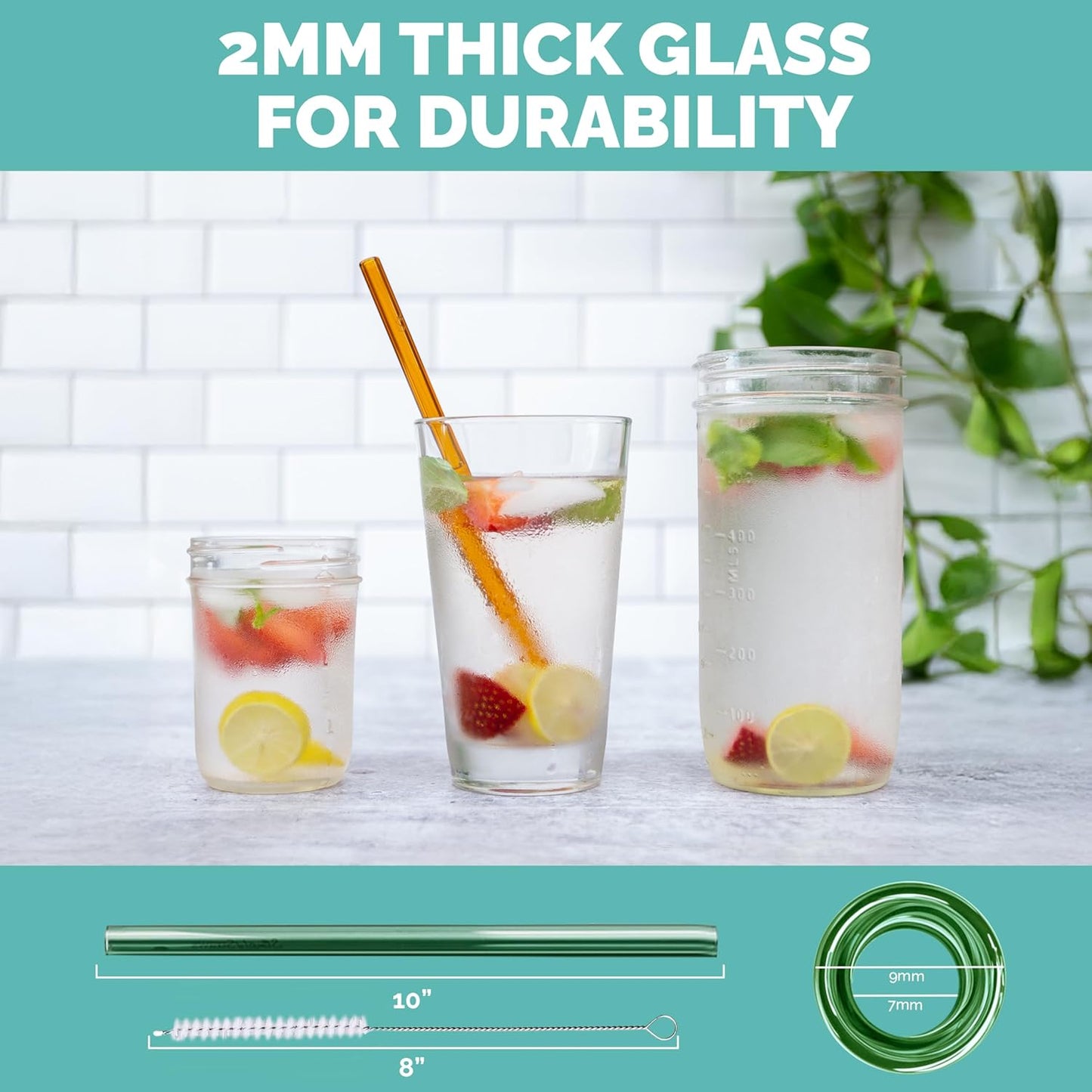 Simply Straws 10 Inch Glass Straws Straight (6-Pack) – Reusable Glass Straws for 24 Oz Mason Jars & Tumblers, with Cleaning Brush – Durable, Dishwasher Safe, Hot & Cold Use, BPA-Free (Air)