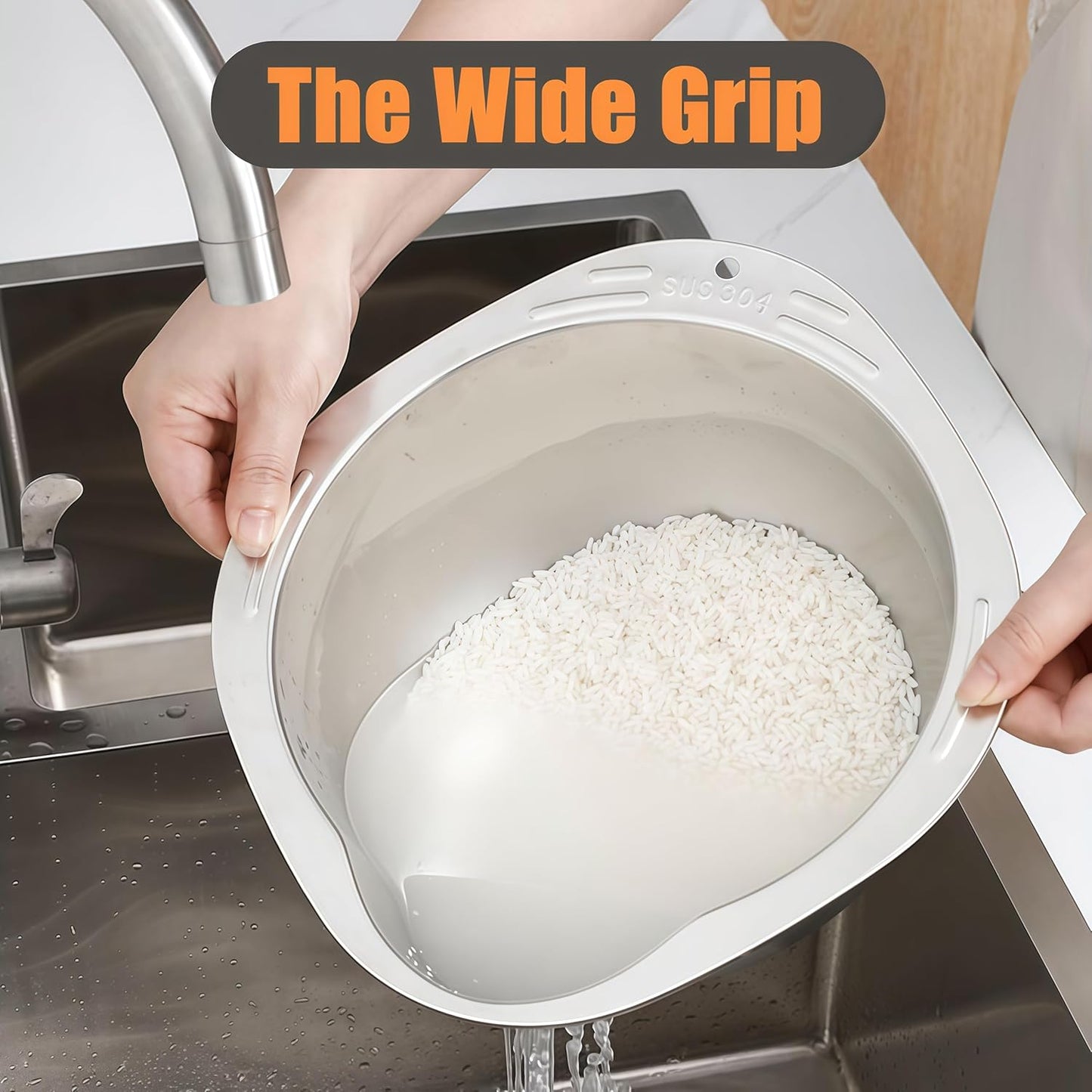 Rice Washer Strainer Bowl, Stainless Steel Washing Bowl, Quinoa Colander Versatile Side Drainers for Cleaning Rinsing Fruits, Vegetables, and Beans - Multifunctional Drain Basket