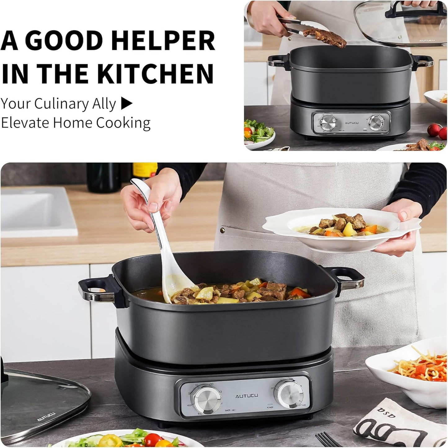 6-Quart Electric Skillet Hot Pot | Non-Stick PFOA-Free Ceramic-Coated Pot, 1600W, Timer & 3 Power Settings for Family Meals