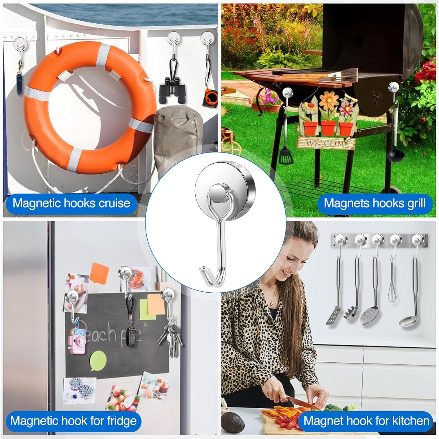 LOVIMAG Hooks, 80lbs+ Magnetic Magnet Hook 2025 Cruise Cabin Ship Essentials Heavy Duty Strong Refrigerator Fridge Hanging for Classroom Beach Vacation Kitchen Grills Home Mug Hanger (3 Pack), Silver