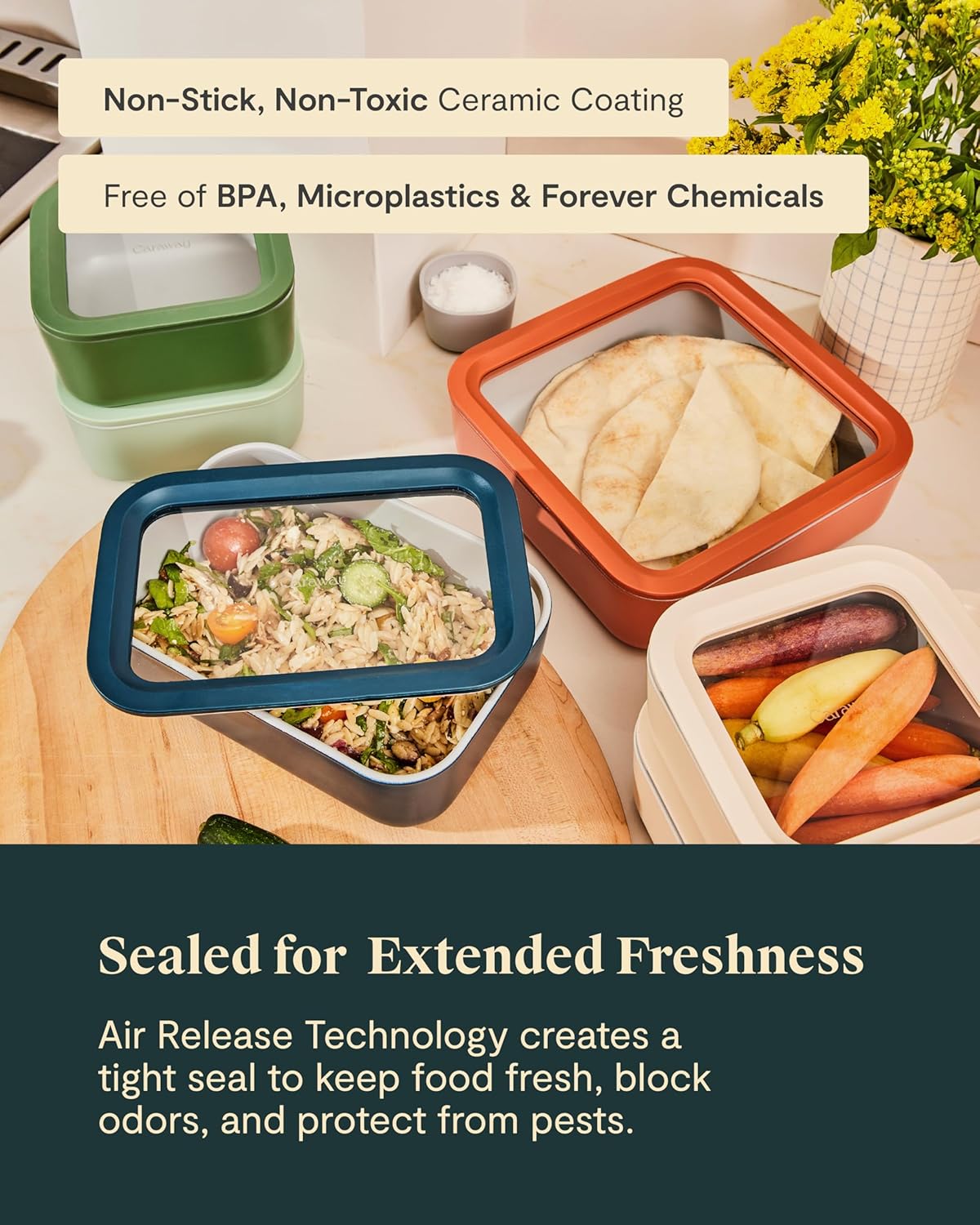 Caraway 25pc Glass Food Storage Set - Glass Storage Containers for Food - Non-Toxic Ceramic-Coated Glass - Air Release Technology - Compact & Stackable Design - Mist