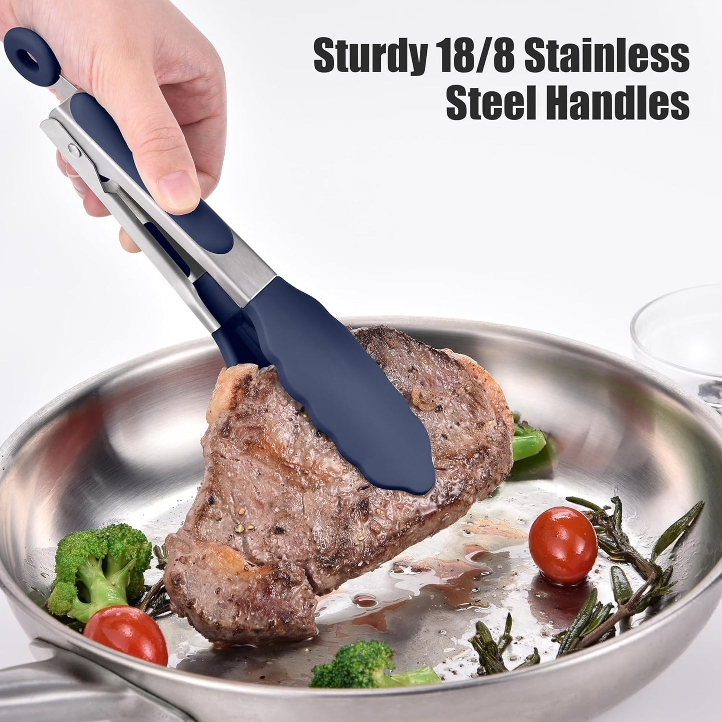 Doosu Kitchen Tongs for Cooking - 600°F Heat Resistant Food Tong with Non-Scratch Silicone Tips, Heavy Duty Stainless Steel Locking Tong for BBQ, Grilling Steak, Serving Salad Pasta (7in, Navy Blue)