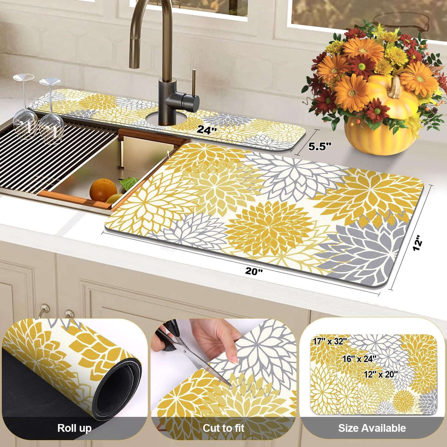 Findosom 2PCS 12" x 20" Dish Drying Mat & 24" x 5.5" Sink Splash Guard, Super Absorbent & Cuttable Dish Mat Drying Kitchen Mat with Yellow Floral, Hide Stain Drying Mat for Kitchen Counter
