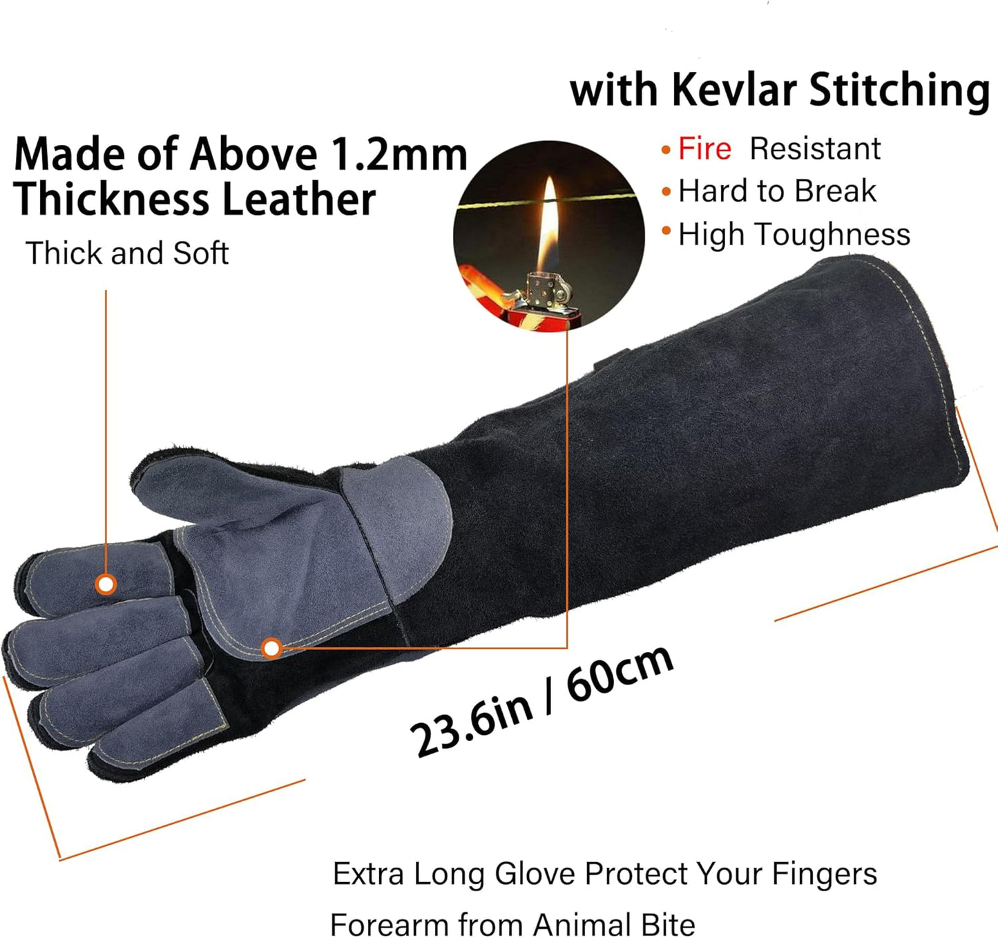 23.6 In Leather Welding Gloves for Animal Handling,Grabbing Reptile, Grooming,Trips to Vet,BBQ,Fireplace.Puncture & Scratch Resistant, Bite Proof for Cat Dog Bird Falcon Livestock Snake XL Black