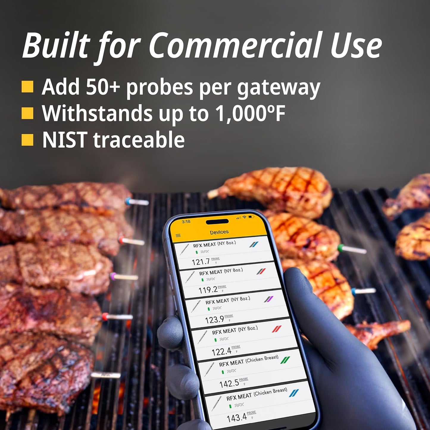 ThermoWorks RFX | Smart Wireless Meat Thermometer | Wi-Fi & Radio Frequency | Stronger Signal Than Bluetooth | Meat Probe for Use in Smoker, Grill, BBQ, Oven - 6-Probe Kit