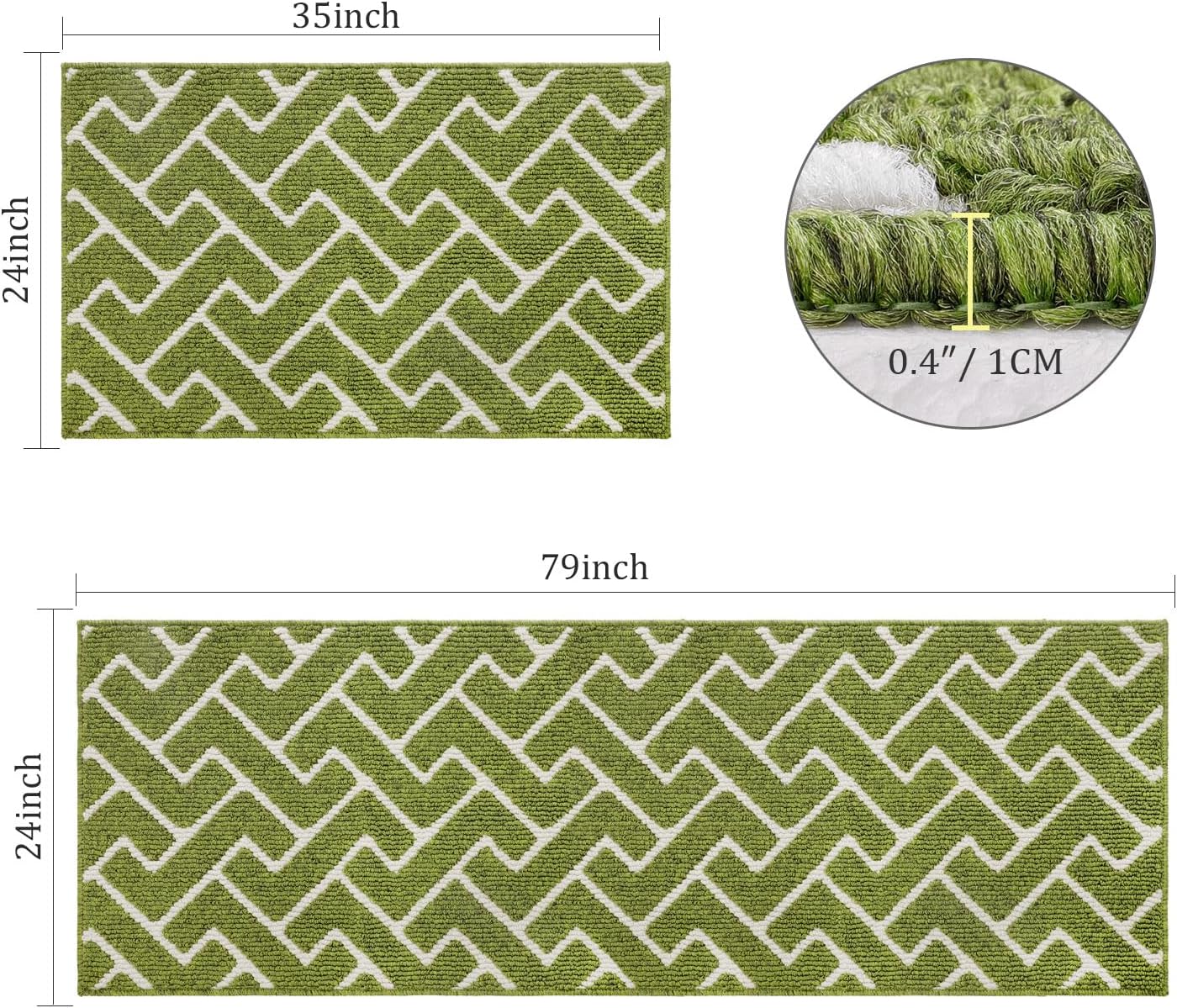 hicorfe Kitchen Rugs and Mats Sets,2 Pieces Super Absorbent Polypropylene Non-Slip Rug,Soft Comfort Floor Mat,Washable for Kitchen,Hallway,Office,Sink,Laundry(24" x 35" Plus 24" x 79",Sage Green
