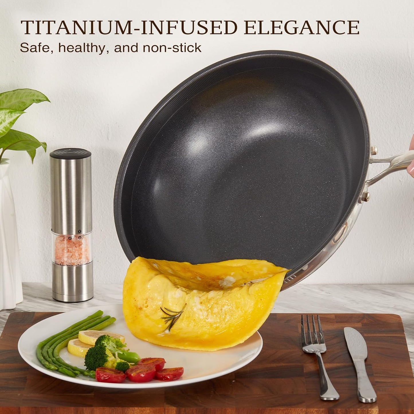 KITEXPERT Non Stick Wok Pan with Lid,12" Titanium Ceramic Pan Nonstick Stainless Steel Stir-fry Pans, PFAS PFOA & PTFE Free, Quick-Cool Handle, Dishwasher & Oven Safe, Compatible with All Cooktops