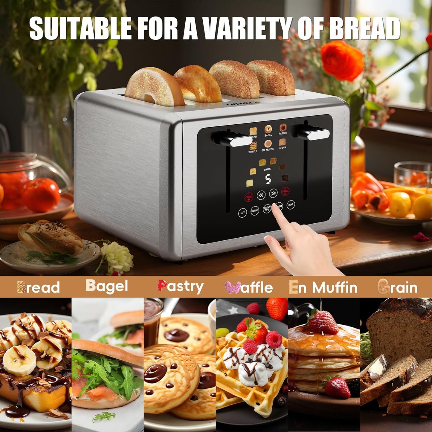 whall 4 Slice Touch Screen Toaster, Stainless Steel Toasters Digital Timer, Dual Control Panel Toasters，6 Shade Settings＆6 Bread Types, Smart Wide Slots, Bagel, Cancel, Defrost,Flat lever Silver