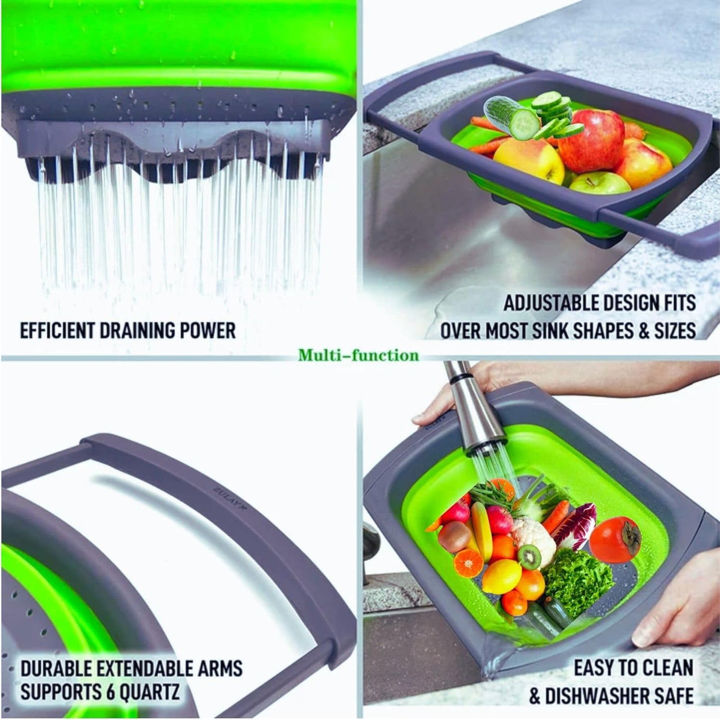 Collapsible Silicone Over-the-Sink Colander – 6-Quart Foldable Strainer with Extendable Handles & 3 Bonus Peelers, Perfect for Vegetables, Fruits, and Pasta (Green)