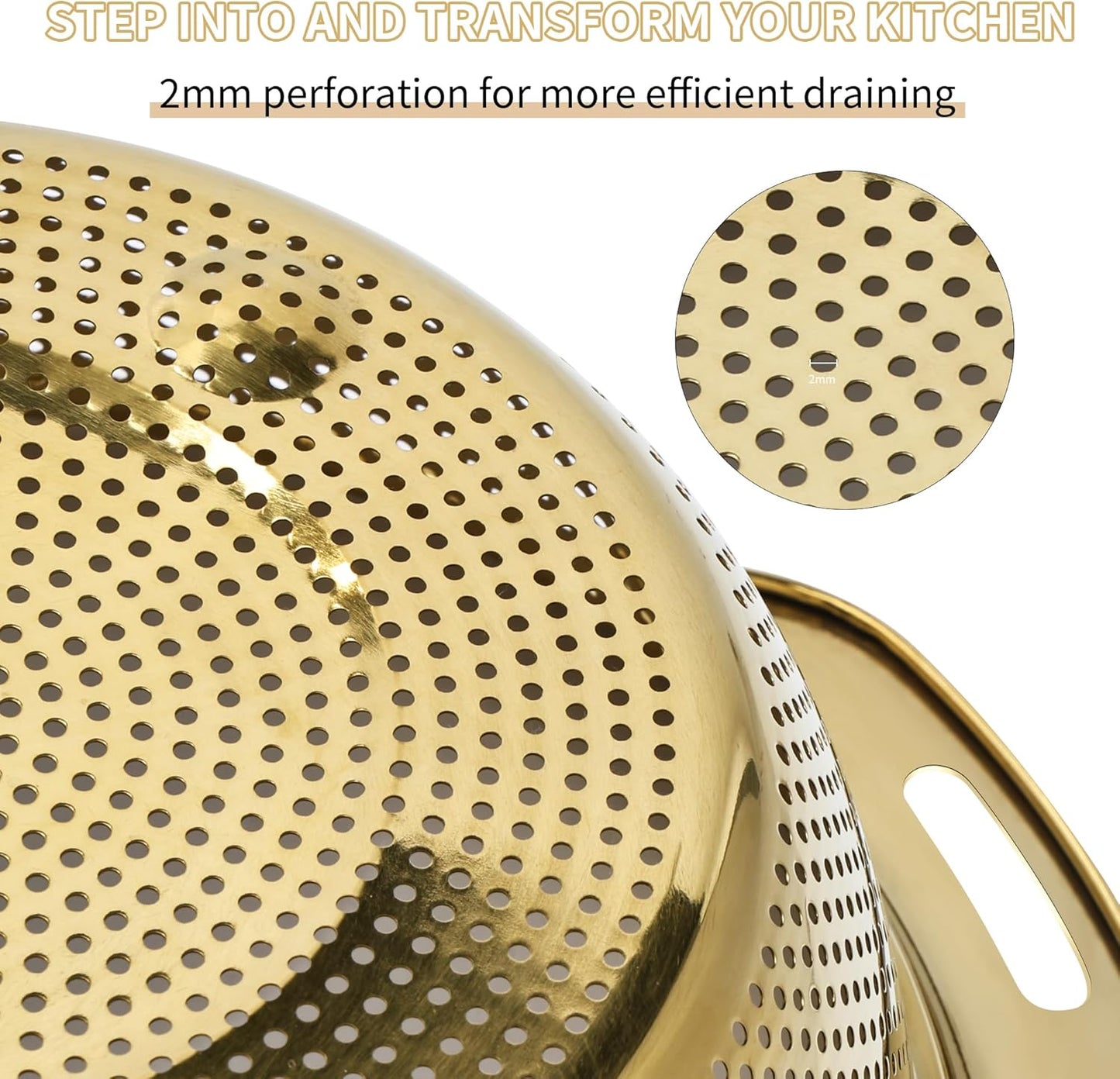 Colander 304 Stainless Steel 5-quart with Mixing Bowls, Strainer for Kitchen Food For washing vegetables, fruit, rice, Dishwasher Safe. (Gold 2PC)