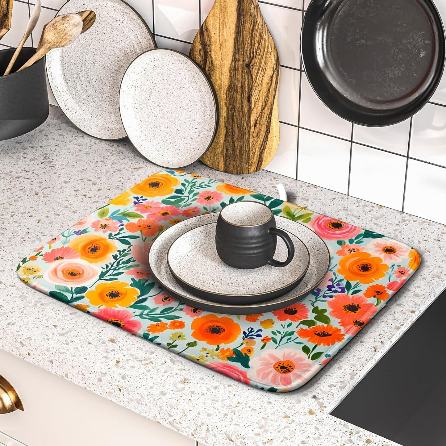 Spiral Flower Dish Drying Pad - Spring Bold Floral Printd Kitchen Countertop Cloth Pad for Home Decorative
