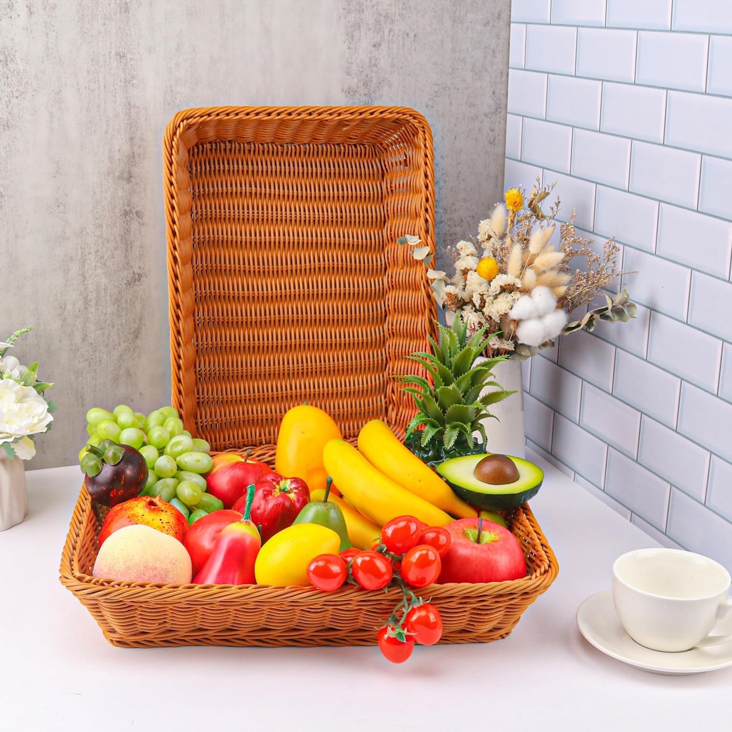 6 Pack 16 Inch Brown Wicker Bread Basket, Handmade Woven Organizer, Rectangular Fruit Baskets, Snack Basket Food Serving Baskets for Dining Table, Candies, Crackers, Fruit, Vegetables