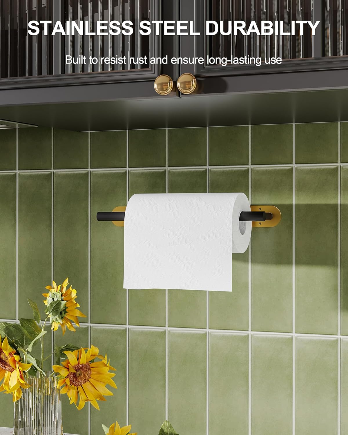 Paper Towel Holder Under Cabinet Black and Gold, Self Adhesive or Wall Mounted SUS304 Stainless Steel Paper Towel Holder for Kitchen, Bathroom, Farmhouse, Barbecue and Laundry (Black&Gold)