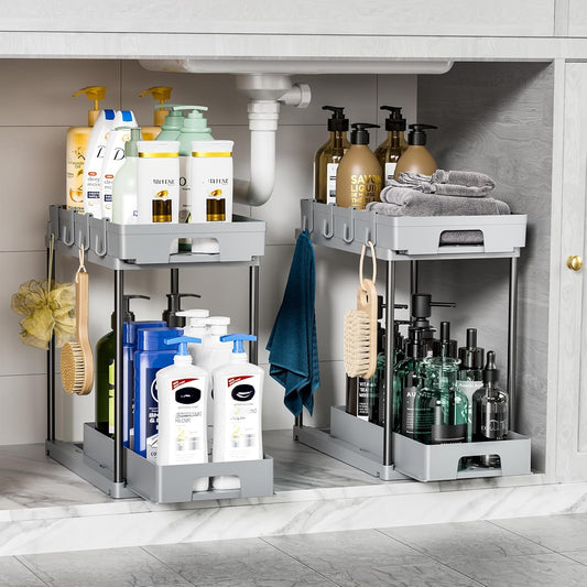 Delamu Under Sink Organizers and Storage, 2 Pack Pull Out Kitchen Bathroom Cabinet Organizer, 2 Tier Grey Under Sink Storage for Bathroom Kitchen