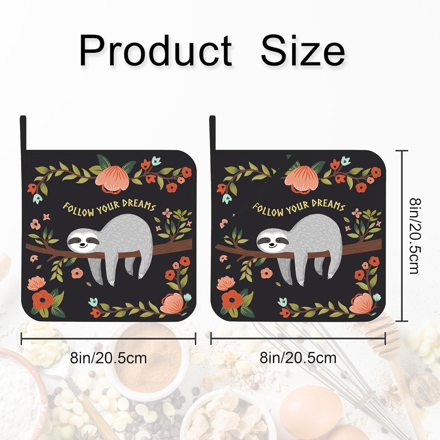 Pot Holder Set of 2,Cute Cartoon Sloth Kitchen Heat Resistant Potholder for BBQ Cooking Baking,Food Hot Pat for Women Men Kitchen Wear