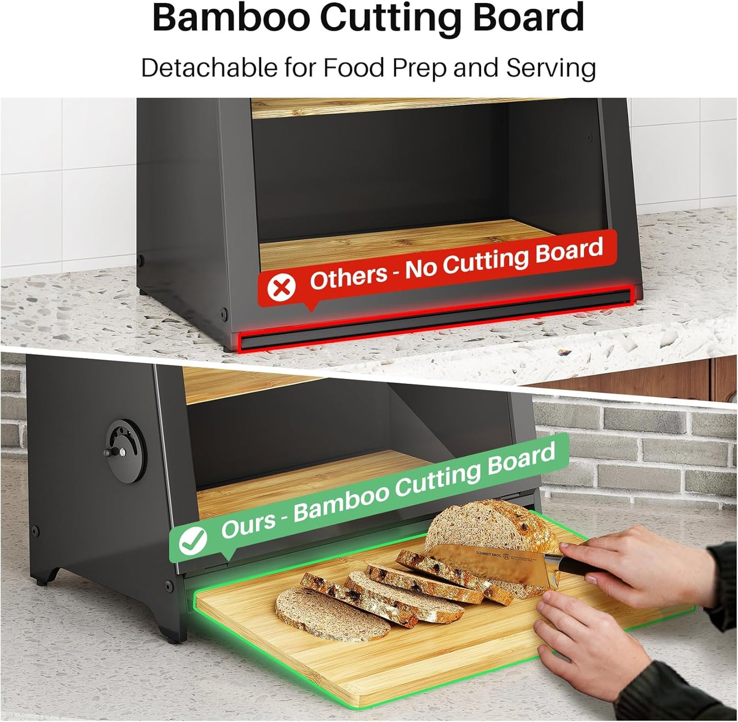 SNTD Bread Box, Wooden Bread Storage Container for Kitchen Countertop with Bamboo Cutting Board, Black (L)