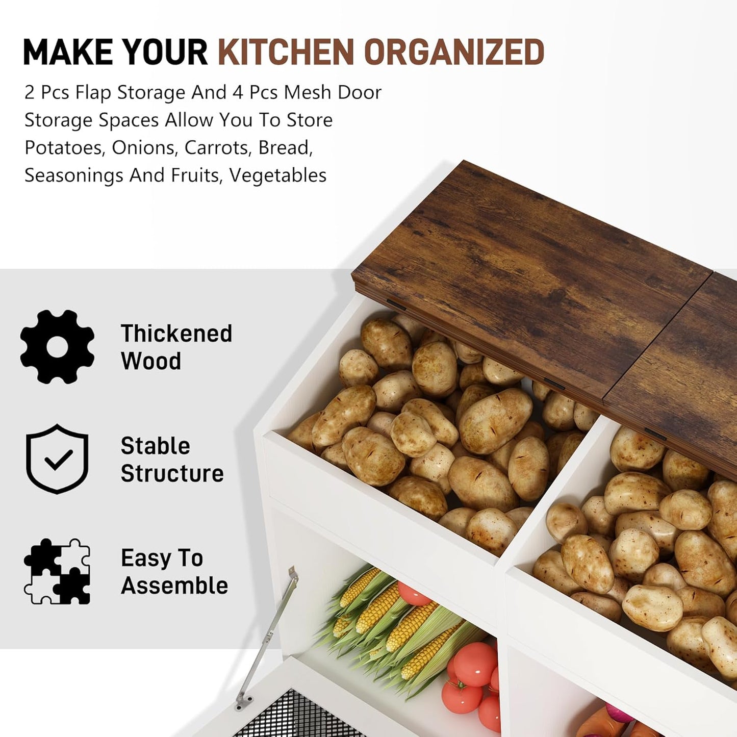 Large Wood Bread Box for Potato,Onion.Veggie Bin W/6 Large Storage Box.Root Vegetable Storage Box For Kitchen,Farmhouse Potato Storage Bin W/4 Mesh Doors,Bread Keeper for Toast,Bagel,Donut,Cookies