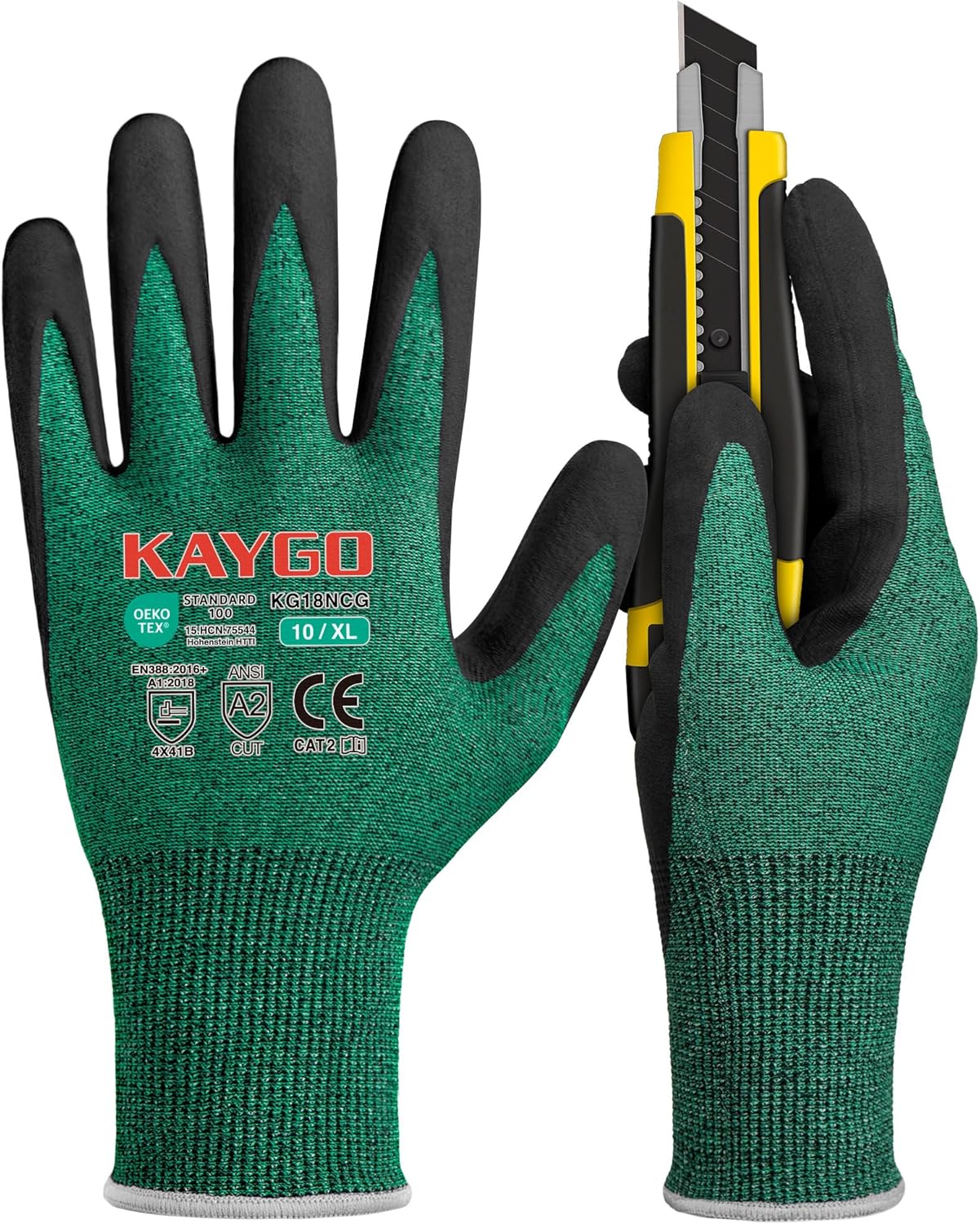 KAYGO Safety Work Gloves MicroFoam Nitrile Coated, 3 Pairs KG18N, Cut Resistant Glove with Abrasion and Oil Resistant Grip, ANSI Cut Level A2, XL, Green