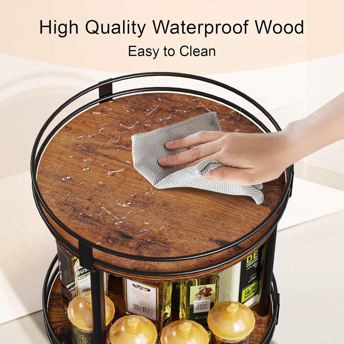 Snughome Rotating Spice Rack, 2 Tier Lazy Susan Organizer, Wood Kitchen Countertop Organizer, Brown Lazy Susan Turntable for Cabinet, 10.2" x 10.2" x 10.4"