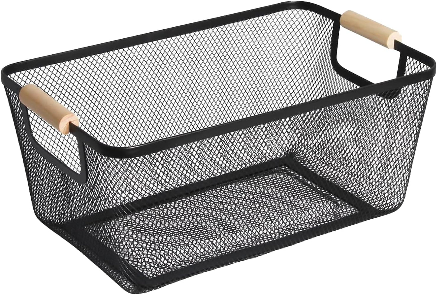 Metal Mesh Steel Basket, Large Wire Storage Organizer Basket Multi-function Hanging Kitchen Baskets with Wood Handle for Kitchen Bathroom Picnic Home, Rectangle-Black