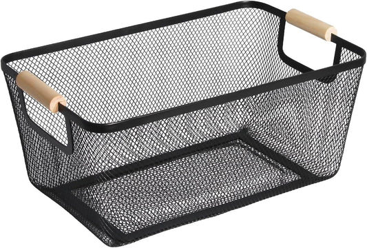 Metal Mesh Steel Basket, Large Wire Storage Organizer Basket Multi-function Hanging Kitchen Baskets with Wood Handle for Kitchen Bathroom Picnic Home, Rectangle-Black