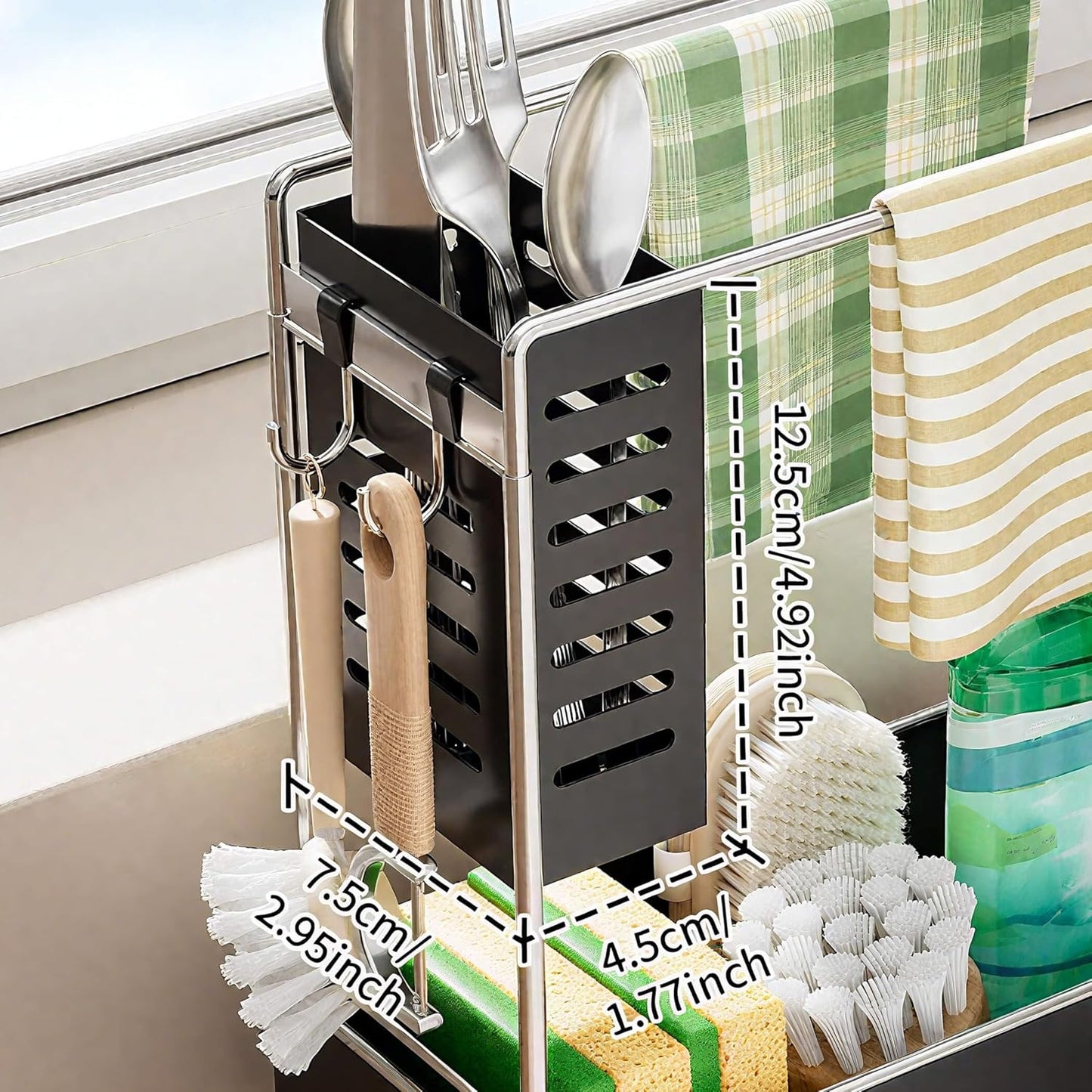 MOUKABAL Sponge Holder for Kitchen Sink, 2-Tier Sink Caddy Organizer with Drain Holes and Hooks, Holds Dishcloth, Sponge & Brushes, Kitchen Countertop Storage for New Home Essentials Grey