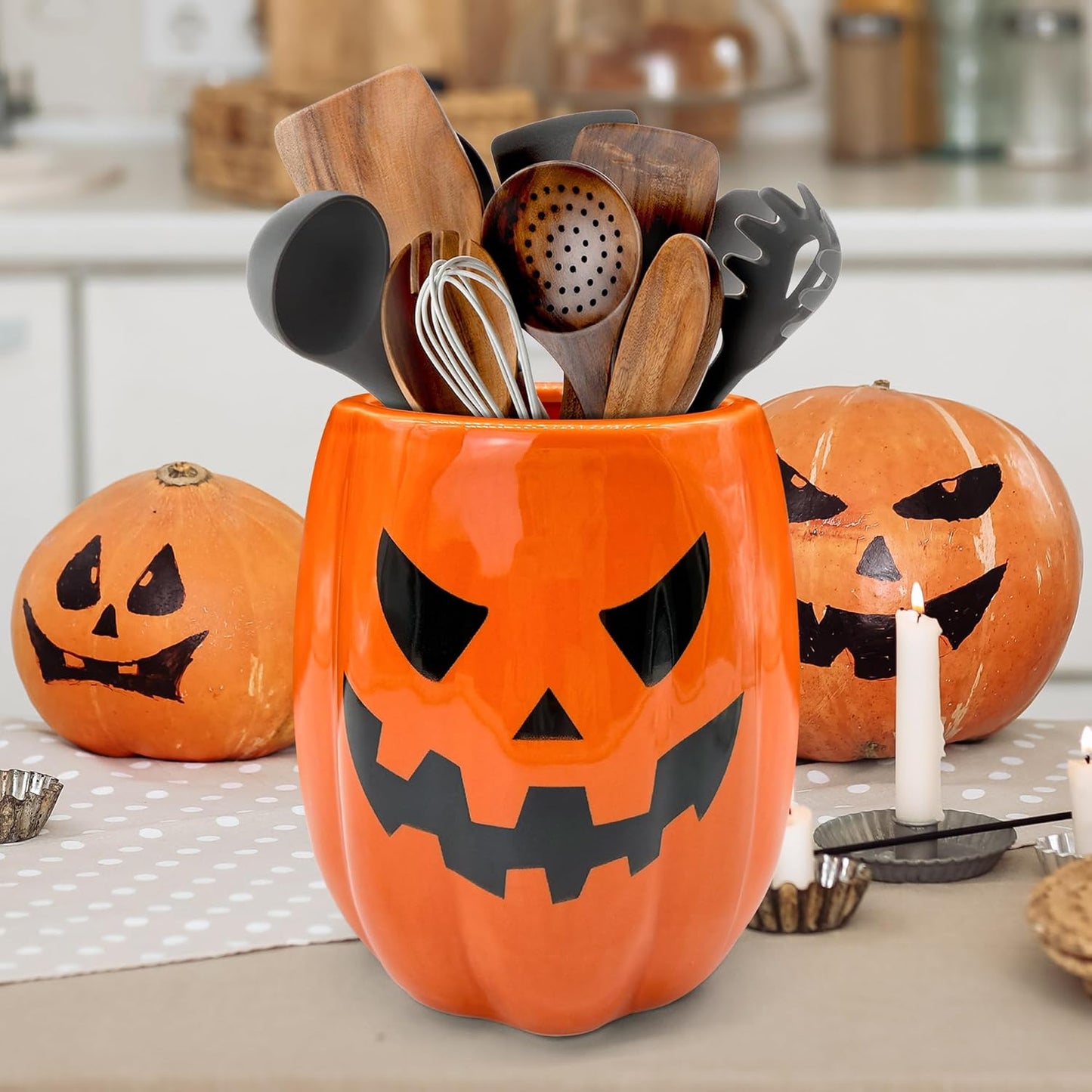 pinata Halloween Kitchen Decor Ceramic Pumpkin Utensil Holder, Cute Halloween Utensils Holder, Ceramic Utensils Crock for Rustic Farmhouse Indoor Kitchen Decorations(6.3 Inches)