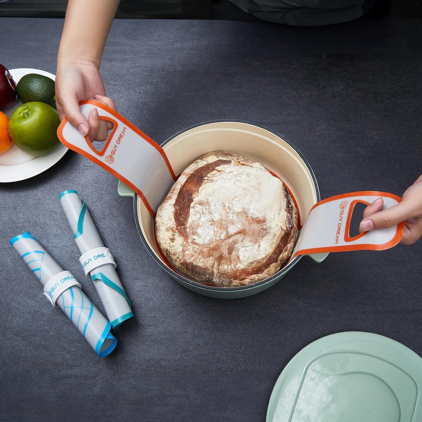 GUYDREMAT Dutch Oven Bread Baking Sling - Heat Resistant, Non-Stick Silicone Mat for Lifting Artisan Loaves, Food-Grade, Reusable Bread Tool, Fits 3-7 Quart Cookware, Easy to Clean