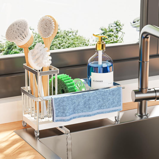 Cisily Stainless Steel Sponge Holder for Kitchen Sink with Towel Rack, Sink Caddy with Kitchen High Brush Holder, Organzier Rustproof 304 Stainless Steel Dish Organizer Divider, Soap Dispenser Storage