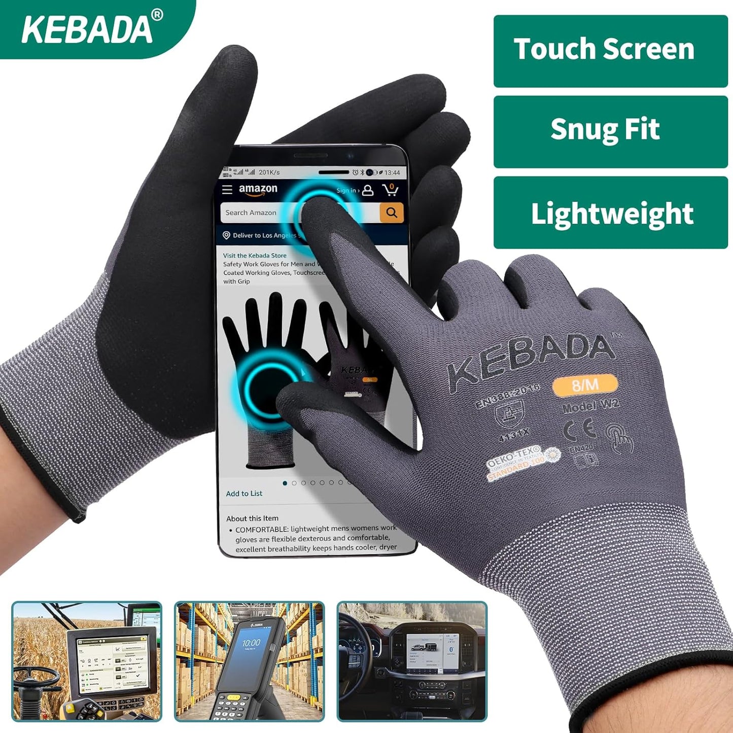 Kebada W2 Safety Work Gloves, Micro-Foam Nitrile Coated Gloves, Touchscreen,Ideal for Package Handling, Gardening, Construction, 1 Pair X-Small