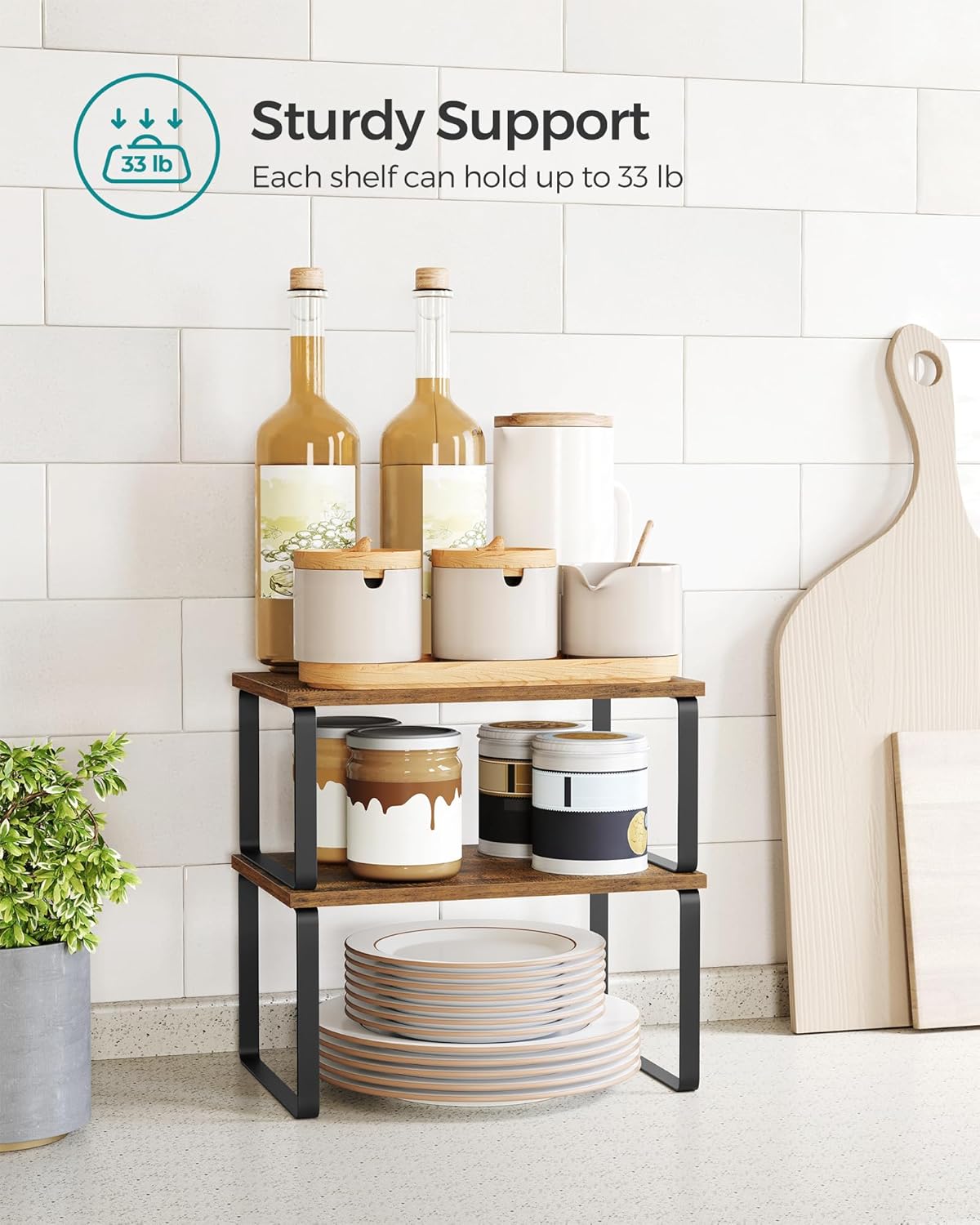 SONGMICS Cabinet Organizer Shelf, Set of 2 Kitchen Counter Shelves, Kitchen Storage, Spice Rack, Stackable, Expandable, Metal and Engineered Wood, Ink Black and Rustic Brown UKCS020X01