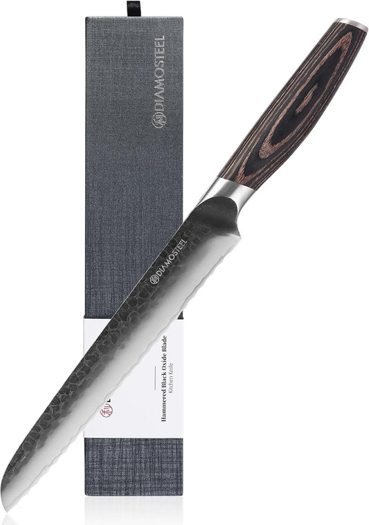 Bread Knife - 8-Inch Serrated Bread Knife - Hammered Black Oxide Blade Japanese 9CR18MOV High Carbon Stainless Steel Sharp Bread Cutter Knife - Ergonomic Pakkawood Handle with Present Box