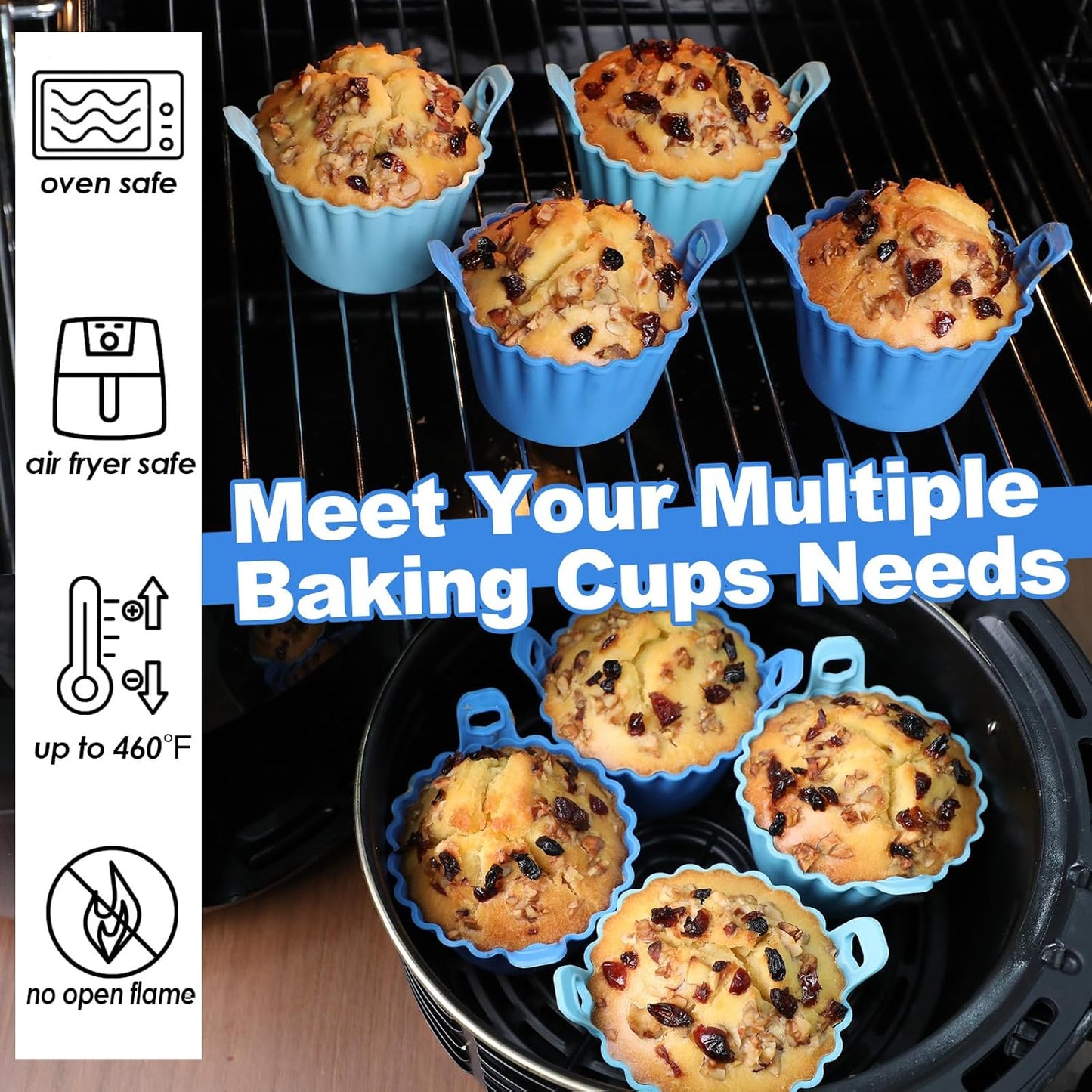 Koluti Reusable Silicone Baking Cups Set of 4, Nonstick Muffin Cupcakes Mold with Double Handle, BPA Free, Small Round Air Fryer Cupcake Liners, 2 Color